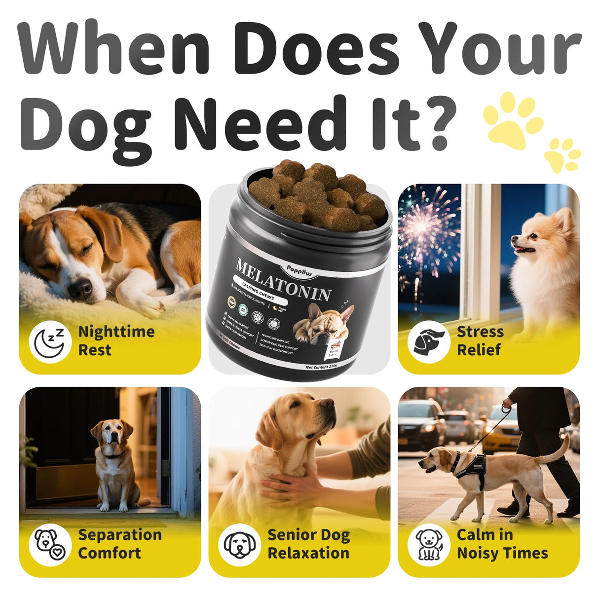 POPPAW Melatonin for Dogs, Calming Chews with Valerian Root & L-Theanine for Sleep Aid & Emotional Support, Calming Treats for Stress Anxiety Relief - Thunder, Fireworks, Barking, Bacon Flavor, 90Ct