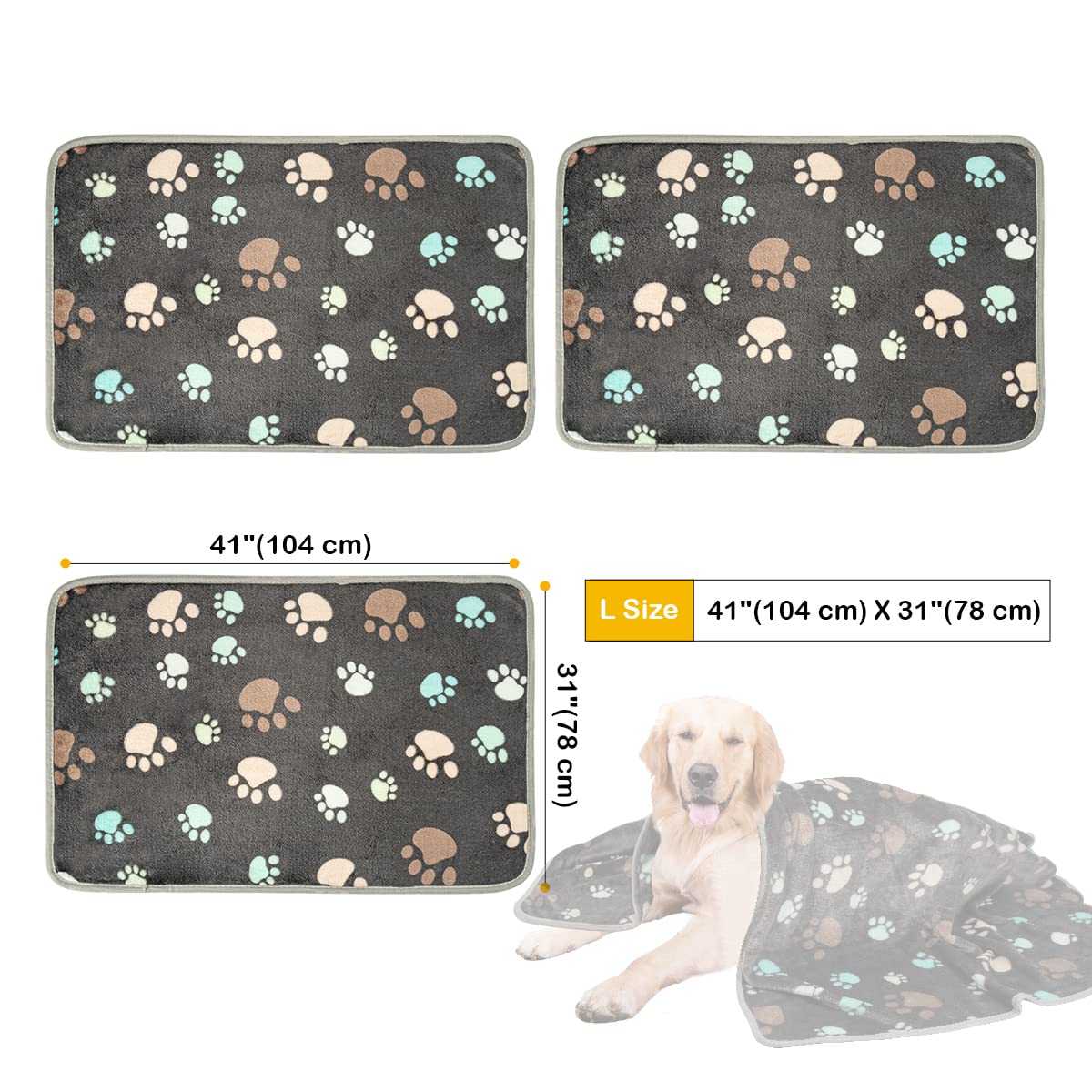 Dono 1 Pack 3 Dog Blankets, Soft Fluffy Fleece Pet Blanket Warm Sleep Mat Paw Print Design Puppy Kitten Throw Blankets Doggy Blanket for Dogs