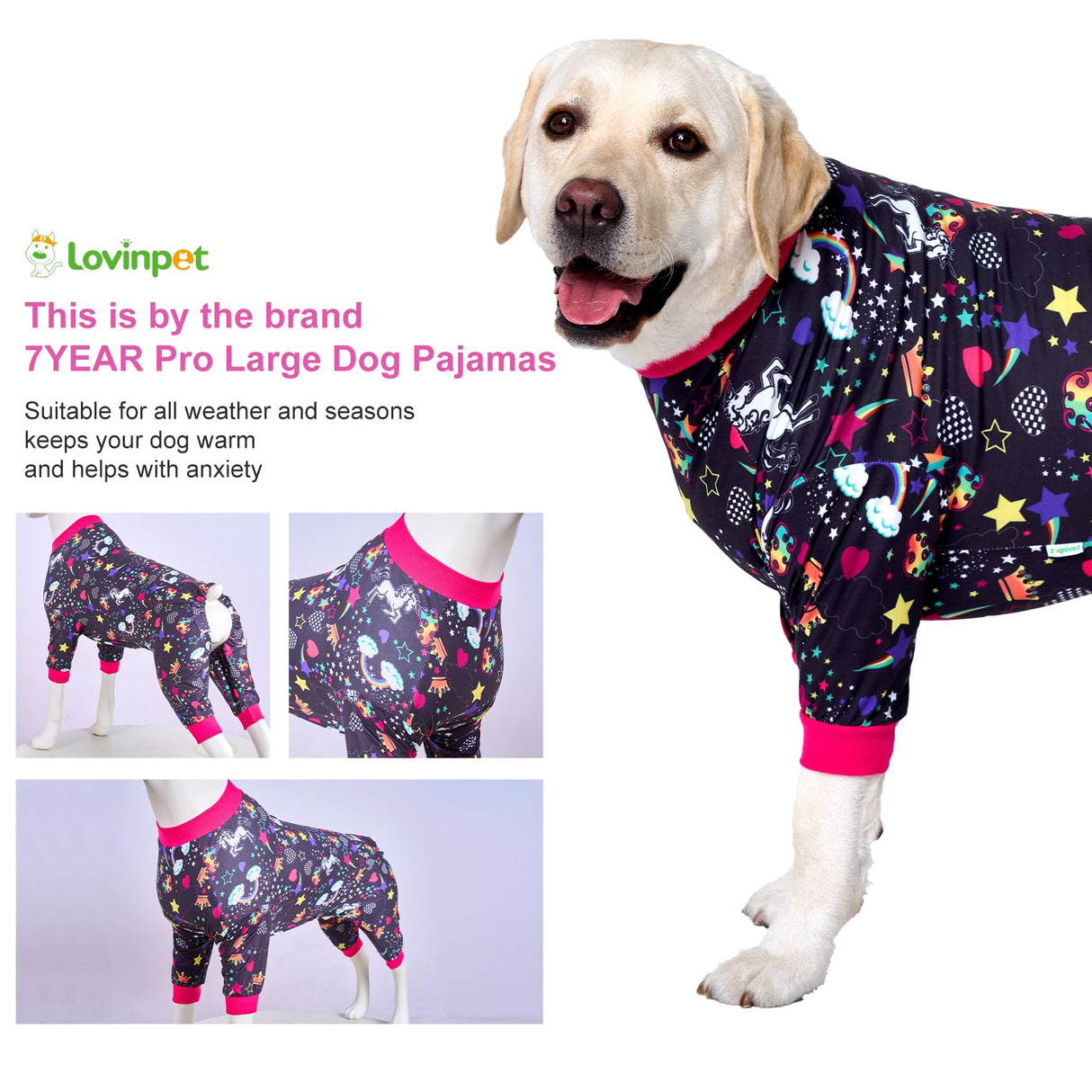 LovinPet Large Dog Pajamas Pitbull PJS: Wound Care/Post Surgery Dog Clothes, Onesies for Dogs, Unicorn Rainbows Black Print, Lightweight Stretchy Knit Pullover Pitbull Jammies, Pet PJ's/L