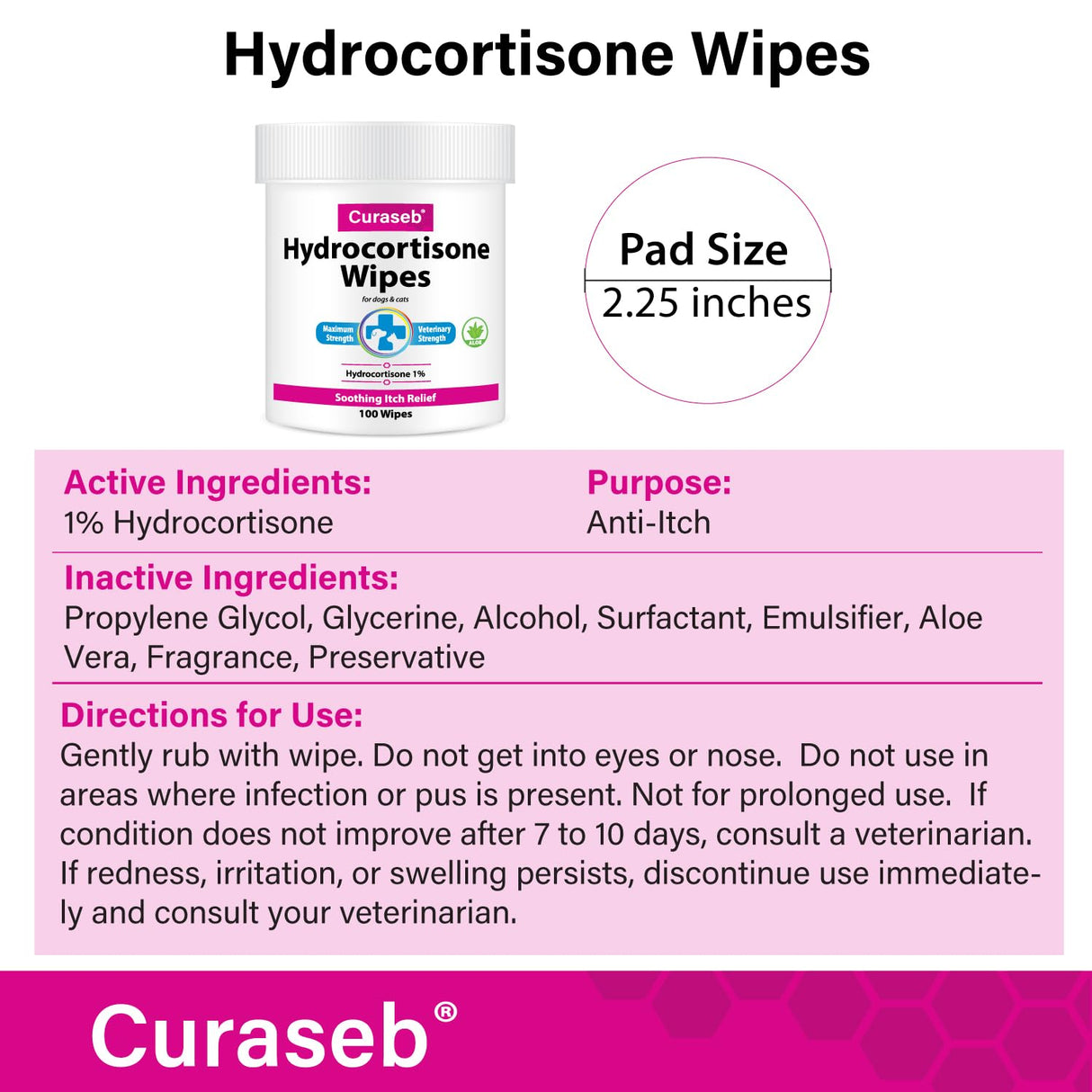 Curaseb Hydrocortisone Wipes for Dogs & Cats – Instant Itch Relief for Hot Spots, Paw Licking, Rashes, Allergies, Bites, Dry Skin – with Soothing Aloe - 100 Wipes