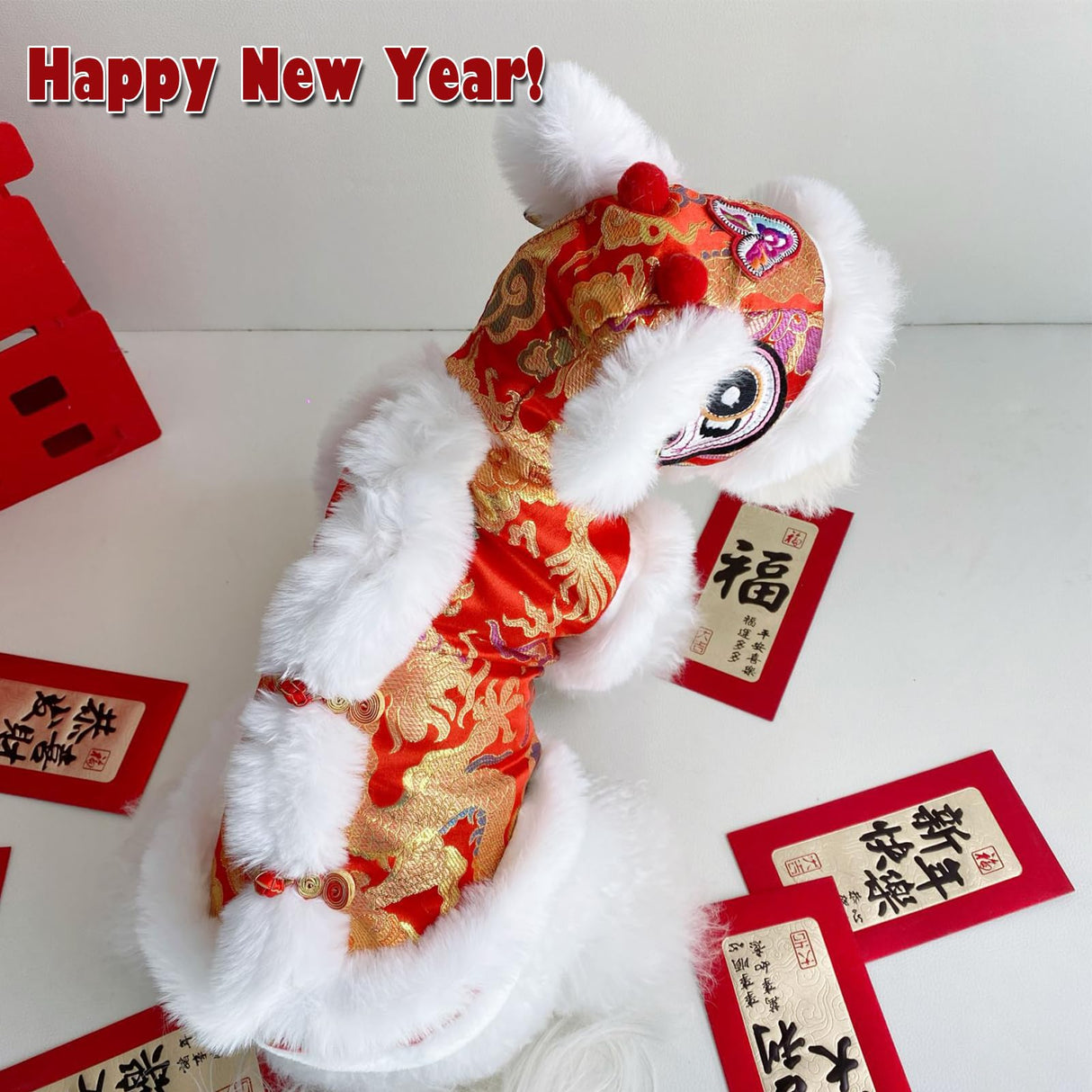 SSEISS New Year Dog Lion Dance Coat, Spring Festival Pet Costume, Winter Cat Warm Clothes for Small Medium Dogs, Teddy, Schnauzers and Small Bichon Frises (X-Large)