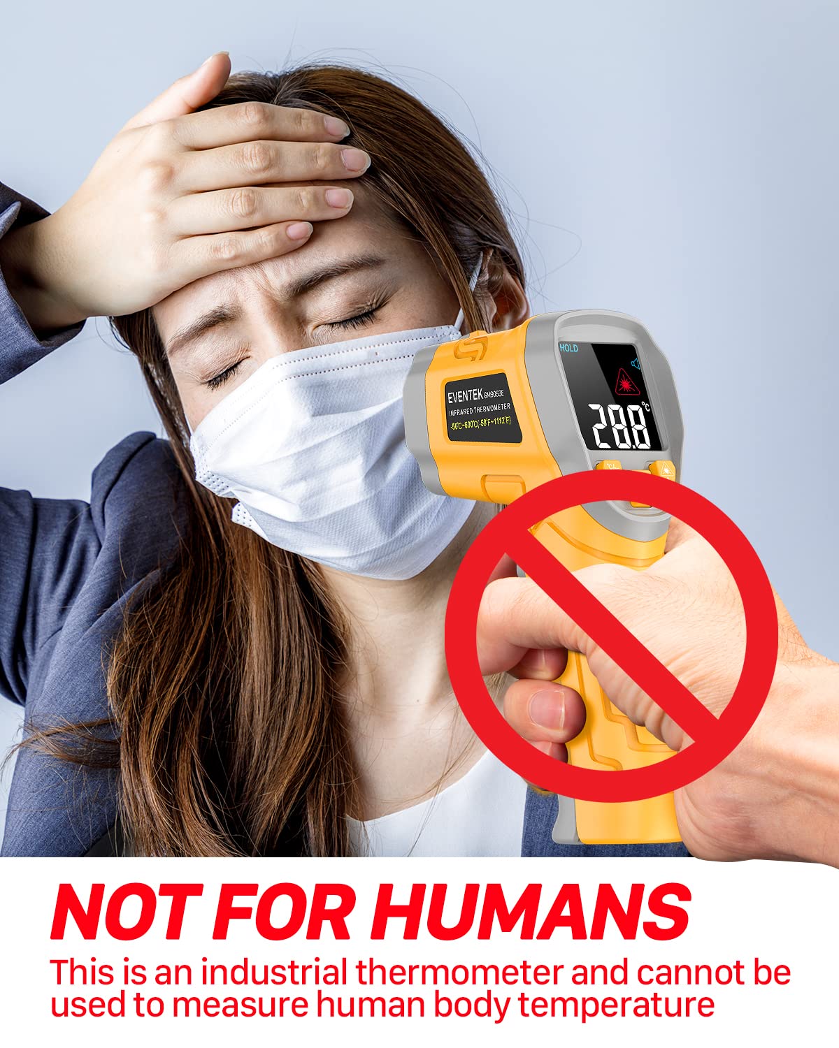 Eventek Digital Infrared Thermometer, -58℉~1112℉(-50℃~600℃) Non-Contact Laser Temperature Gun with Color Display & Adjustable Emissivity for Cooking/BBQ/Food/Fridge/Pizza Oven/Engine (Not for Human)
