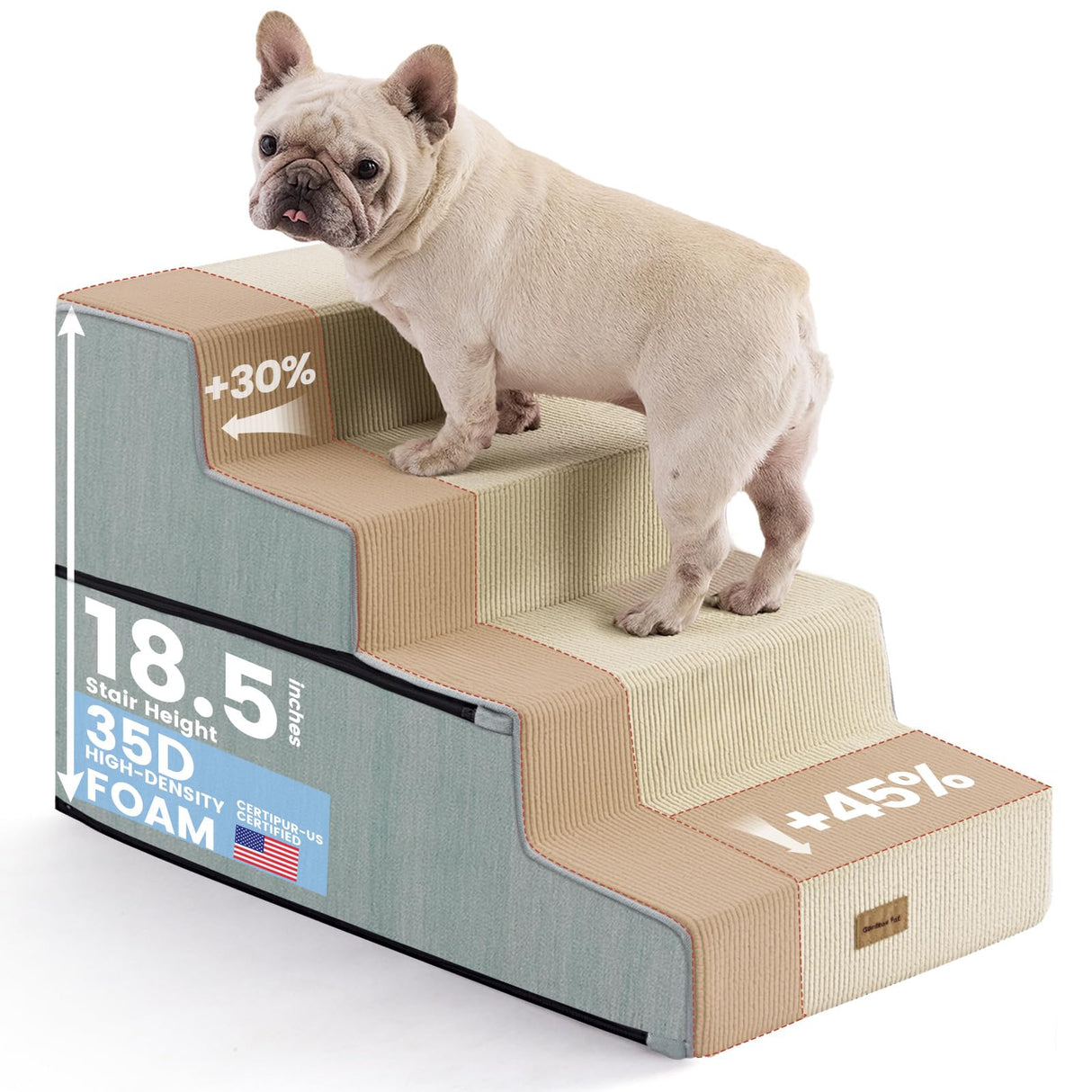 Gardner Pet Dog Stairs for Small Dogs 18.5" H, 4-Step Extra Wide Dog Steps for Bed, Pet Stairs for Bed and Couch with Durable Non-Slip Waterproof Fabric Cover and Soft Foam, Beige