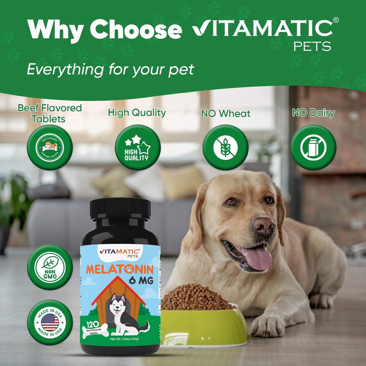 Vitamatic Melatonin for Dogs – 6 mg – 120 Chewable Tablets (Pack of 2) Beef Flavored – Natural Calming Support – Non-Habit Forming – Veterinarian Formulated