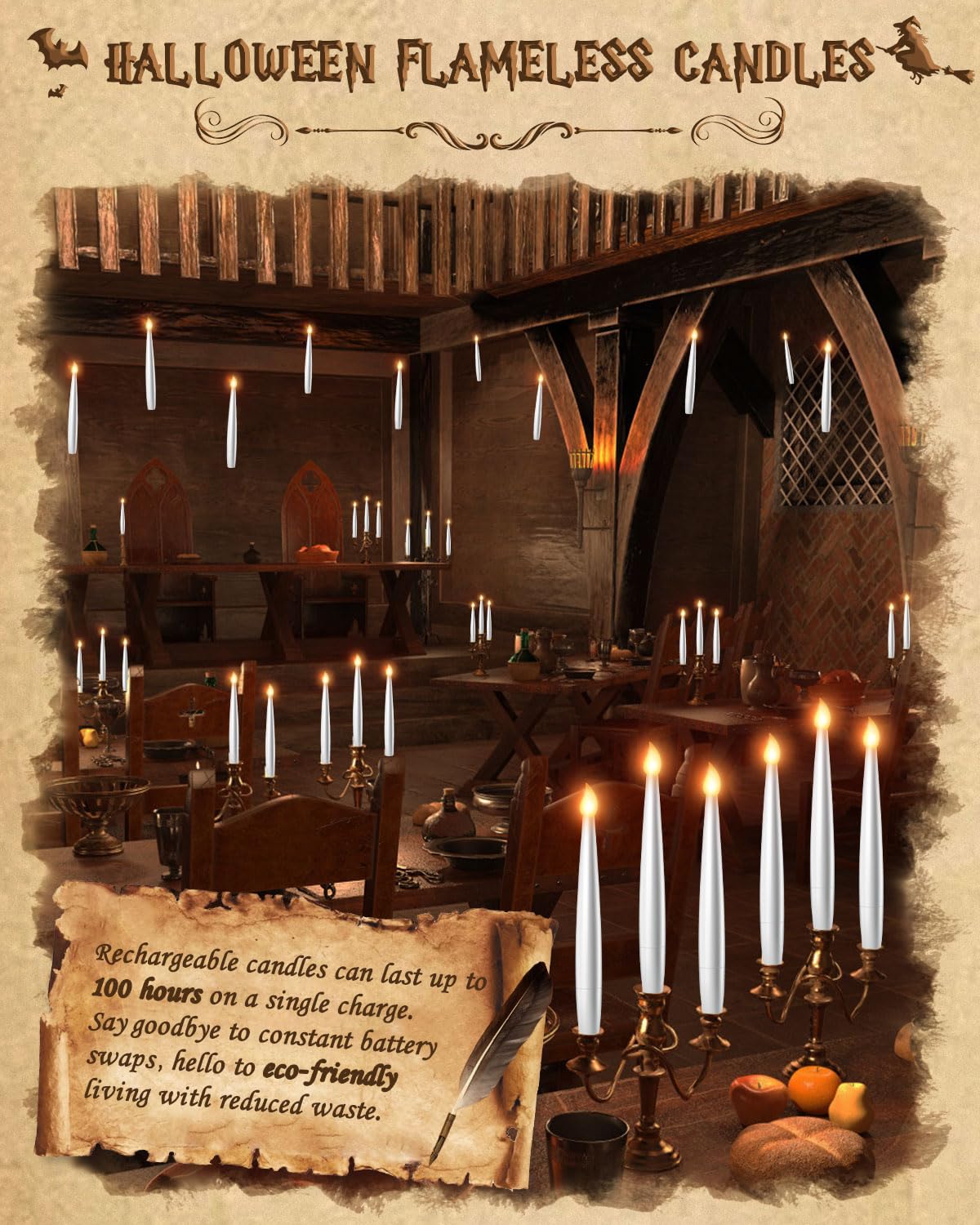 Floating Candles with Wand Remote 18PCS - Halloween Decorations Magic Hanging Candles Flickering Flameless Taper Candles with Glasses, Tie, Scarf, Battery Operated Candles for Party Christmas Decor