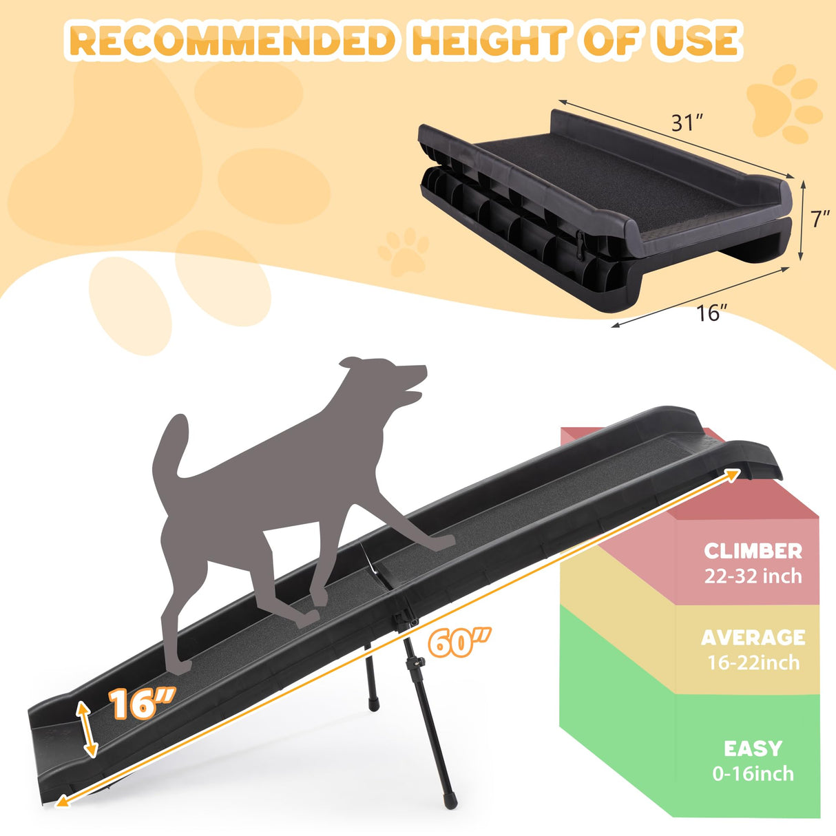 COZIWOW Folding Dog Ramps, 62”L Portable Pet Ramp for Large Dogs SUV,Cars,Lightweight Cat Ramp Non-Skid Surface Steps for High Bed,Stairs,Couch-Easy Storage(Black, 62" L)