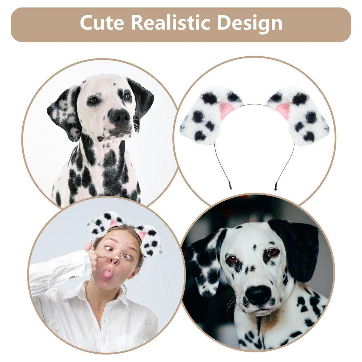 Beviliu 4 Pack Animals Ear Realistic Dalmatian Dog Ears Headband Fluffy Cat Bunny Pig Hairband Halloween Christmas Costume for Washing Makeup Cosplay Party