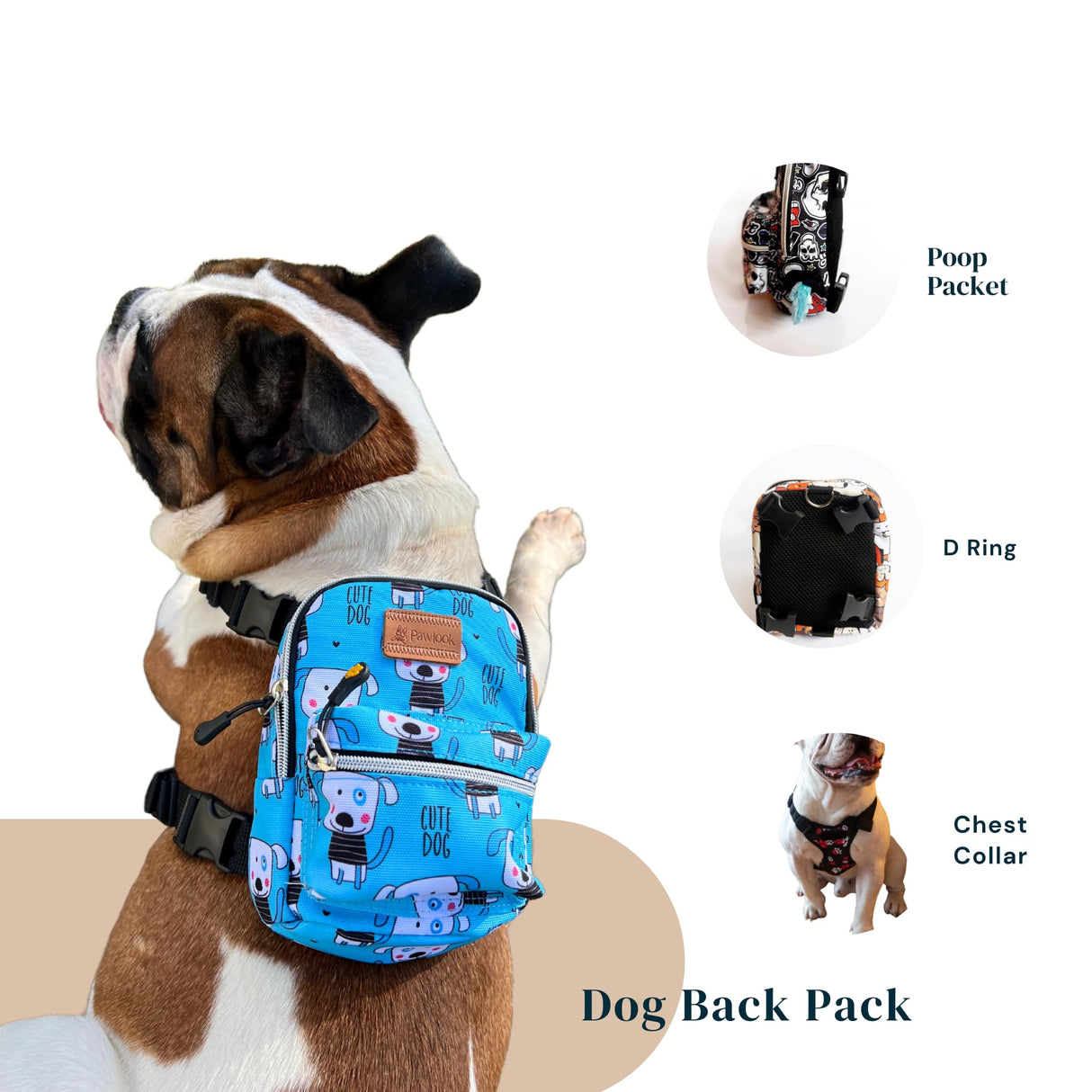 PawLook Dog Backpack to Wear with Chest Harness Self Carrier dogbag with Additional Pocket for Poop Bag Anti Slip Stylish Dog Bag for Your pet Street Smart Serie Pawsup Cute Small