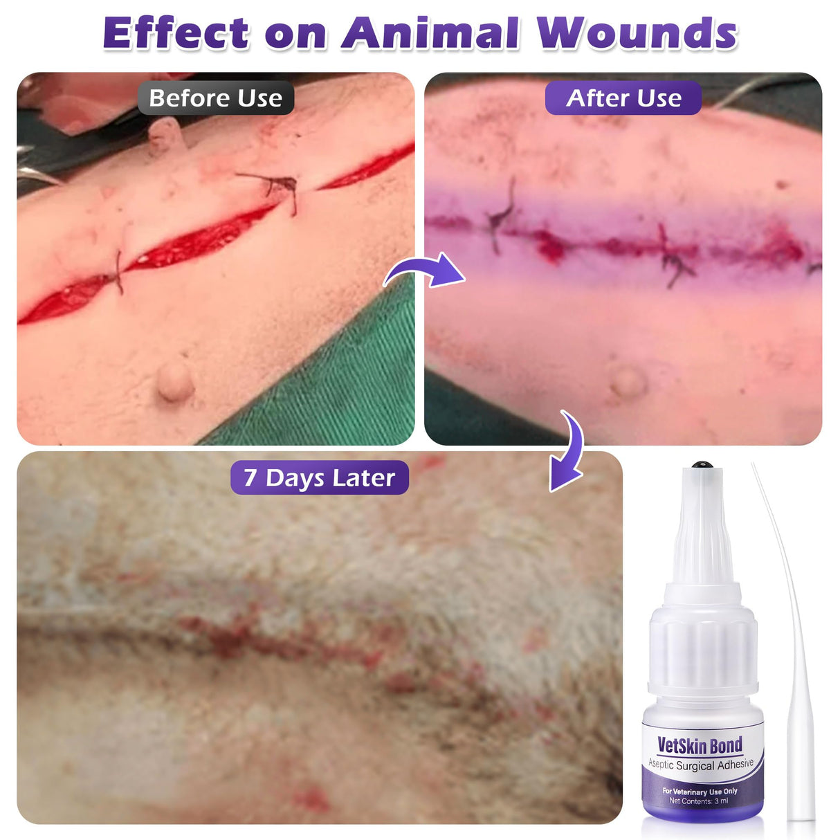 1 Pack 3ml Veterinary Surgical Skin Glue with 10 Precise Applicators, Strong Surgical Adhesive, Blue-Tinted Animal Tissue Wound Glue, Fast Bleeding Control and Waterproof Wound Sealant for Pets