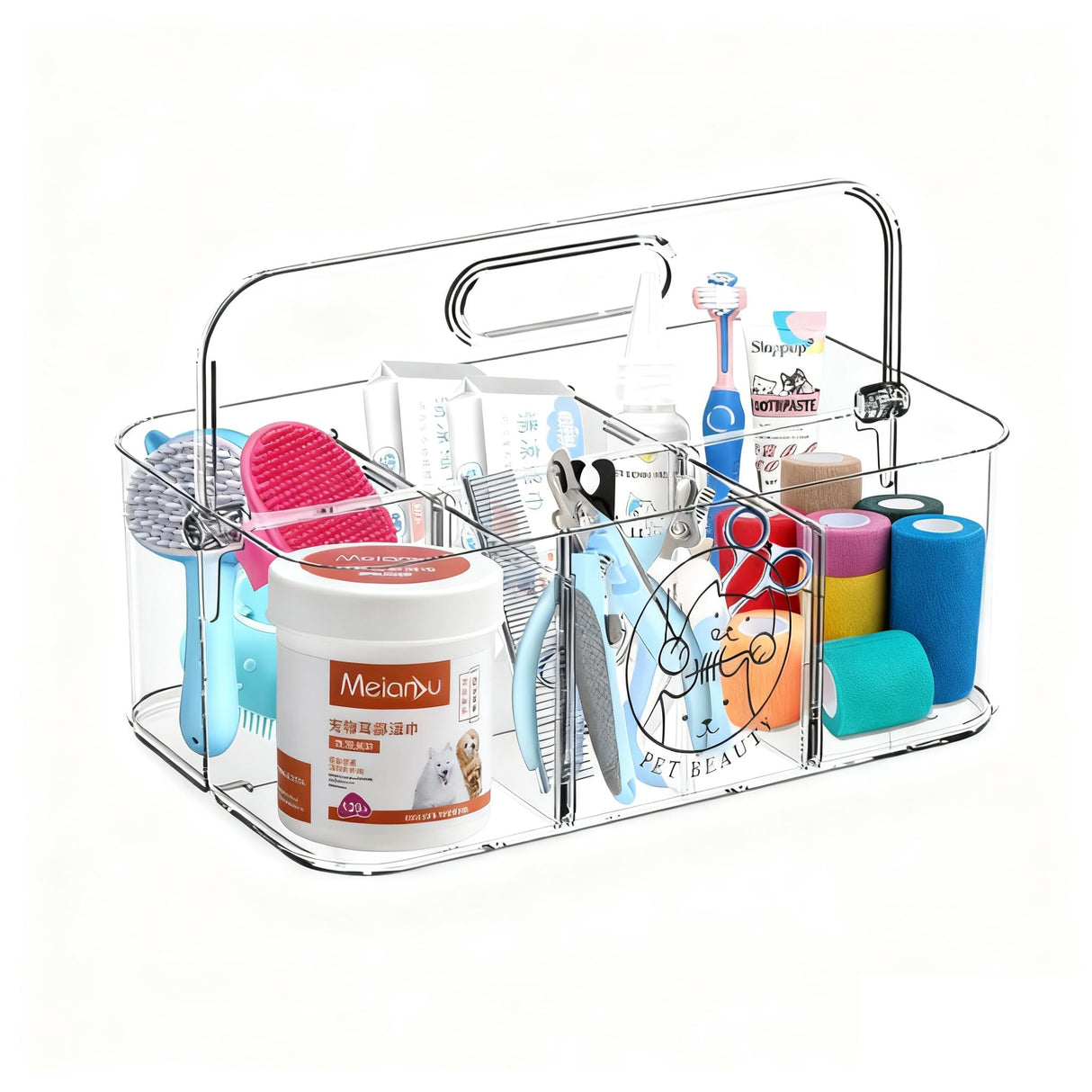 Brabtod Clear Dog Storage Organizer,Pet Grooming Supplies Organizer with Handle,5 compartments Countertop Caddy, Storage Bin for Dog Cat Grooming Kit,Trimmer,Clipper,Combo,Brush