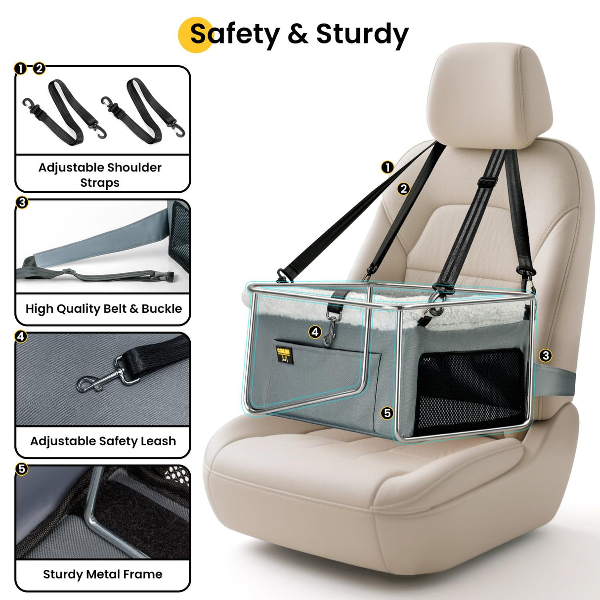 Conlun Dog Car Seat Booster for Small Pet Under 20lbs, Portable Travel Puppy Car Seat with Internal Steel Frame, Comfort Cushion & Storage Pockets, Adjustable Straps Fit Most Cars, Grey