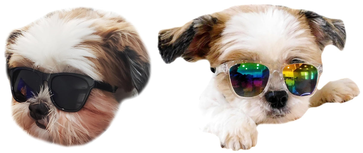 G014 Dog Cat Pet 80s Sunglasses Goggles for Small Breeds up to 15lbs (2-Pack Black+ Clear-Rainbow Mirror)