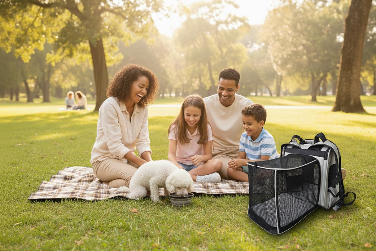 Zeus Urban Expandable Pet Backpack Carrier – Dog & Cat, Bonus 2 Collapsible Pet Bowls, Travel Bag with 4-Way Entry, Mesh Windows, Storage Pockets, Secure Zippers, Washable Cushion