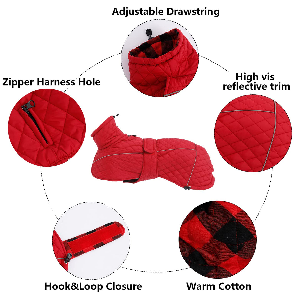 Greyhound Lurcher Winter Coat Whippet Warm Coat with Fleece Water Resistant Dog Jacket with Hook Loop Closure Zipper Harness Hole - Red - XLarge