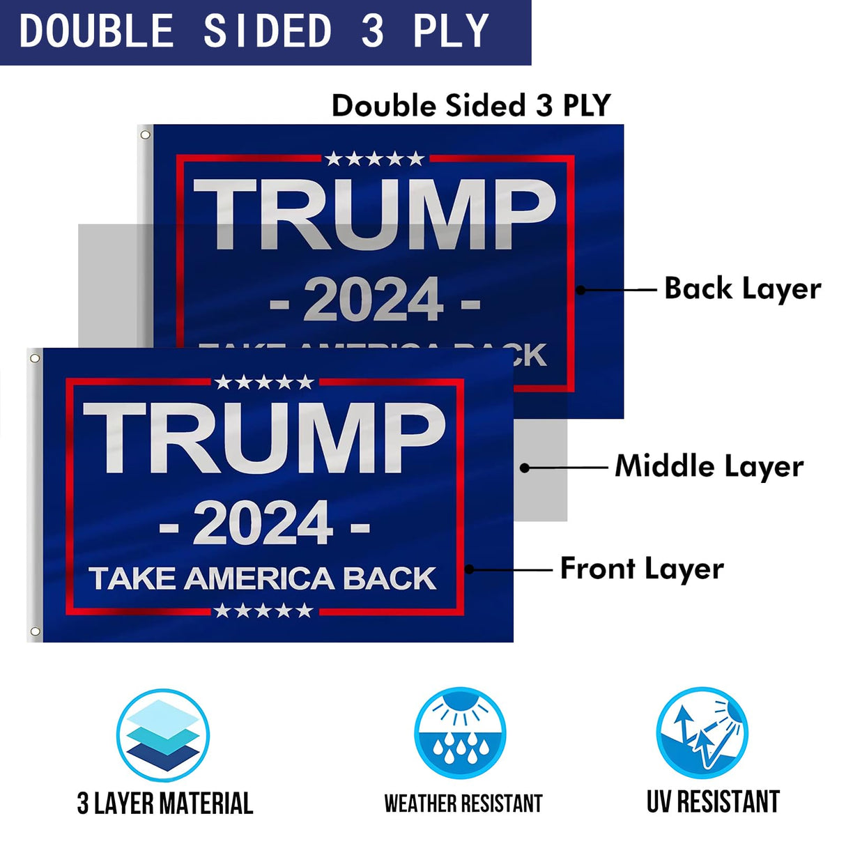 Trump 2024 Flag 3x5 Outdoor Made in USA Double Sided 3 Ply Take America Back Heavy Duty President Trump Flags 2024 for Outside with 2 Brass Grommets UV protection Fade Resistant for Indoor Outdoor Decorations