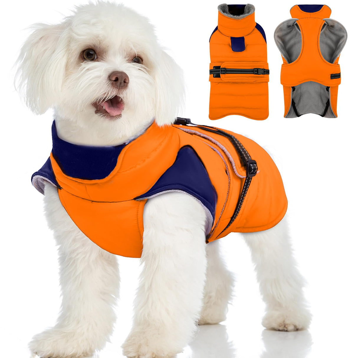 MIGOHI Warm Dog Jacket - Waterproof Small Dog Coat with Furry Collar, Windproof Dogs Fleece Vest, Reflective Cold Weather Coats for Small Dogs, Adjustable Buckle, Poodle,S,Orange