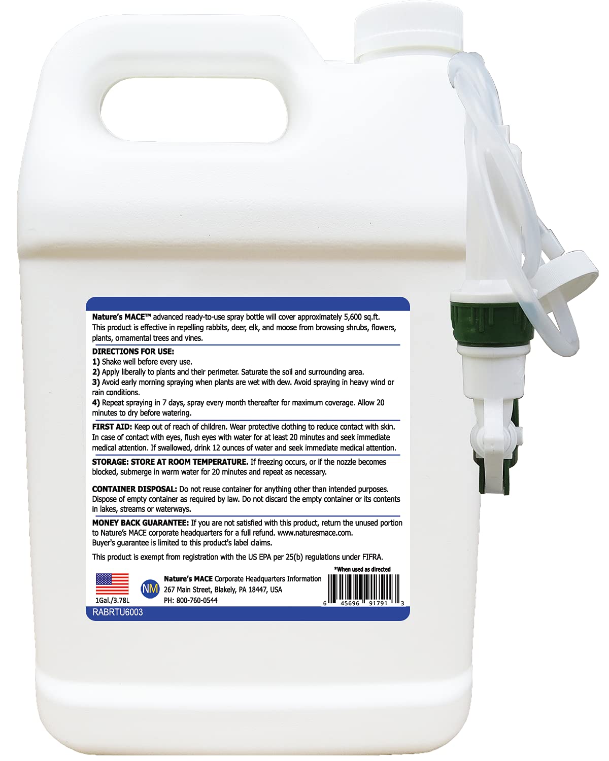 Nature’s MACE Rabbit Repellent 1 Gal Spray/Covers 5,600 Sq. Ft. / Rabbit Repellent and Deterrent/Keep Rabbits Out of Your Lawn and Garden/Safe to use Around Children & Plants