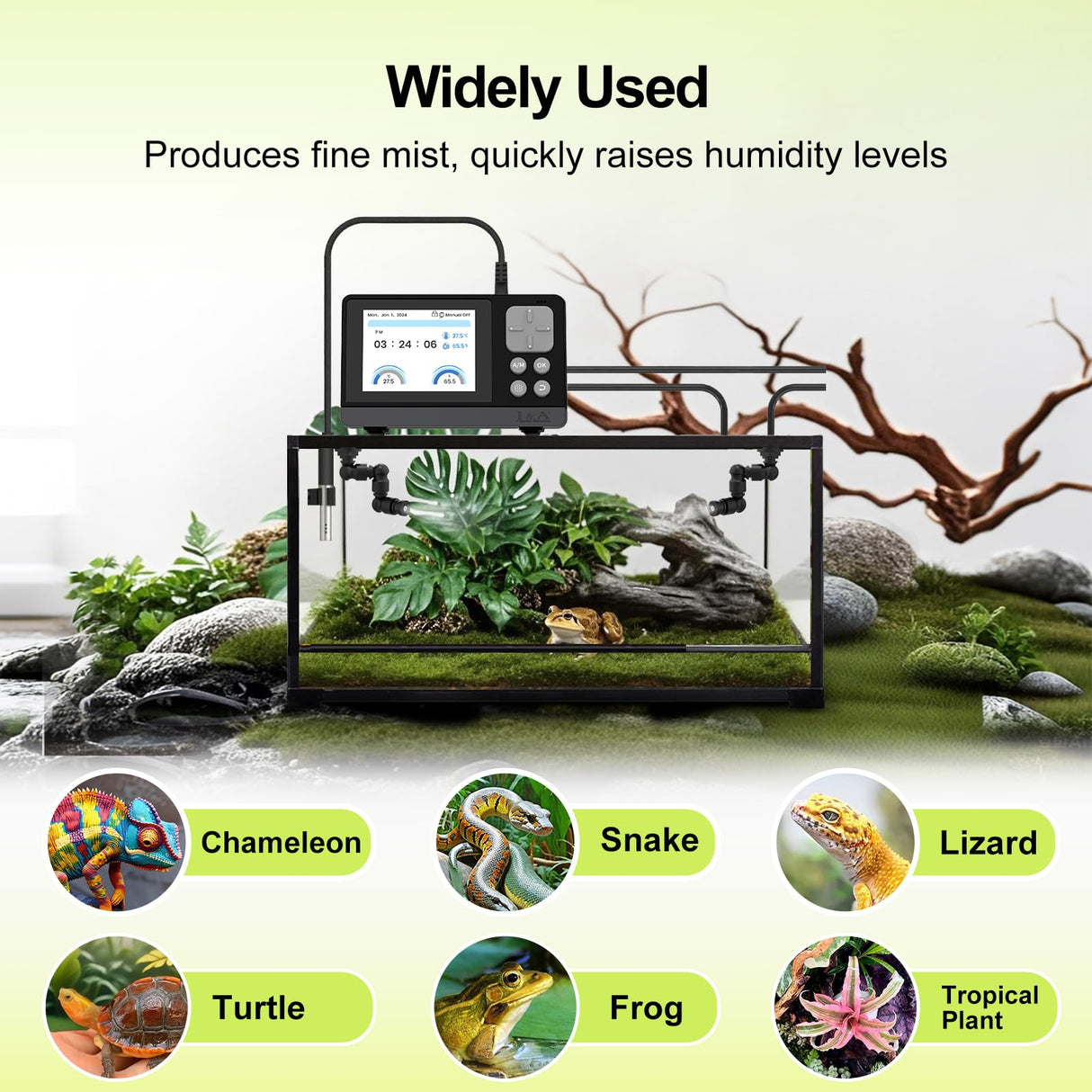 J&A Smart Reptile Mister, Automatic Misting System for Tanks - Programable Timer with Temperature/Humidity Probe, Ideal for Reptile Habitat (Black)