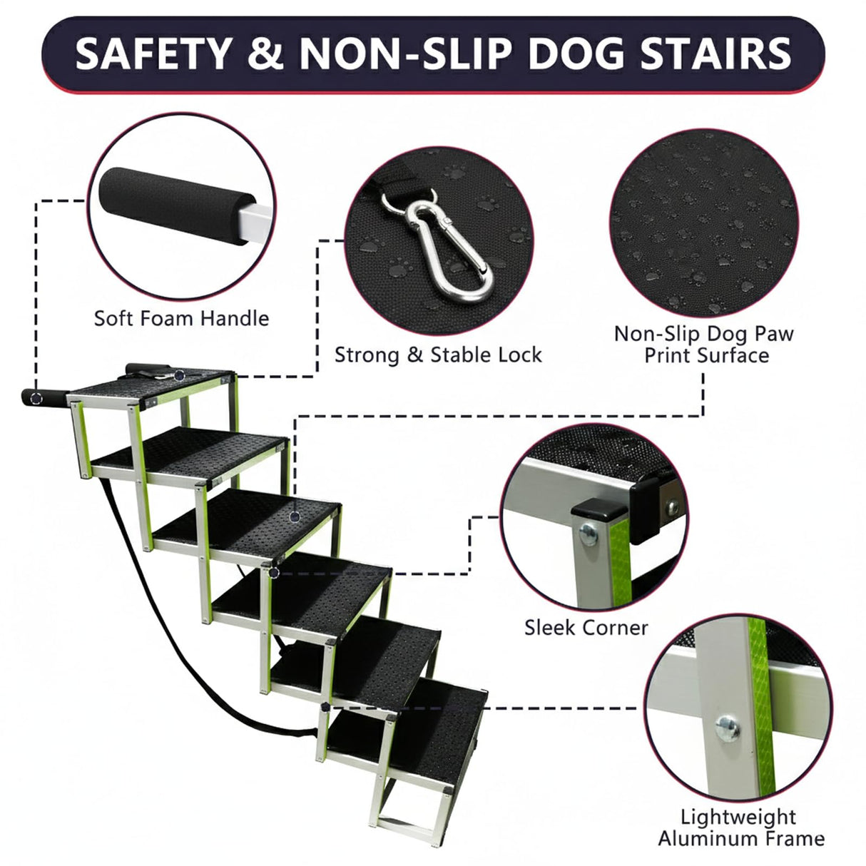 PENSUN Dog Ramps for Small & Big Dogs Portable Folding Pet Stairs with Nonslip Surface Foldable Truck Ramp Stairs for Car, SUV and Trucks, Supports Up to 250LBS, 6 Steps