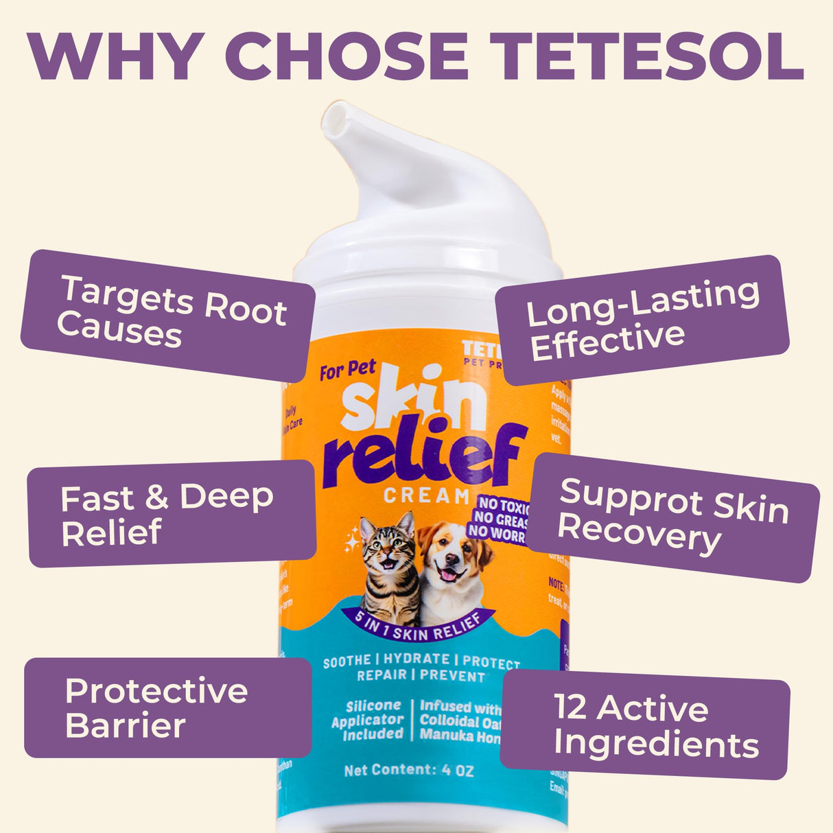 Tetesol Dog Itchy Skin Relief Cream Hot Spot Treatment, Dogs Balm Rapid Healing Dry Itchy Skin with Colloidal Oatmeal Manuka Honey- 100g Lotion with Applicator