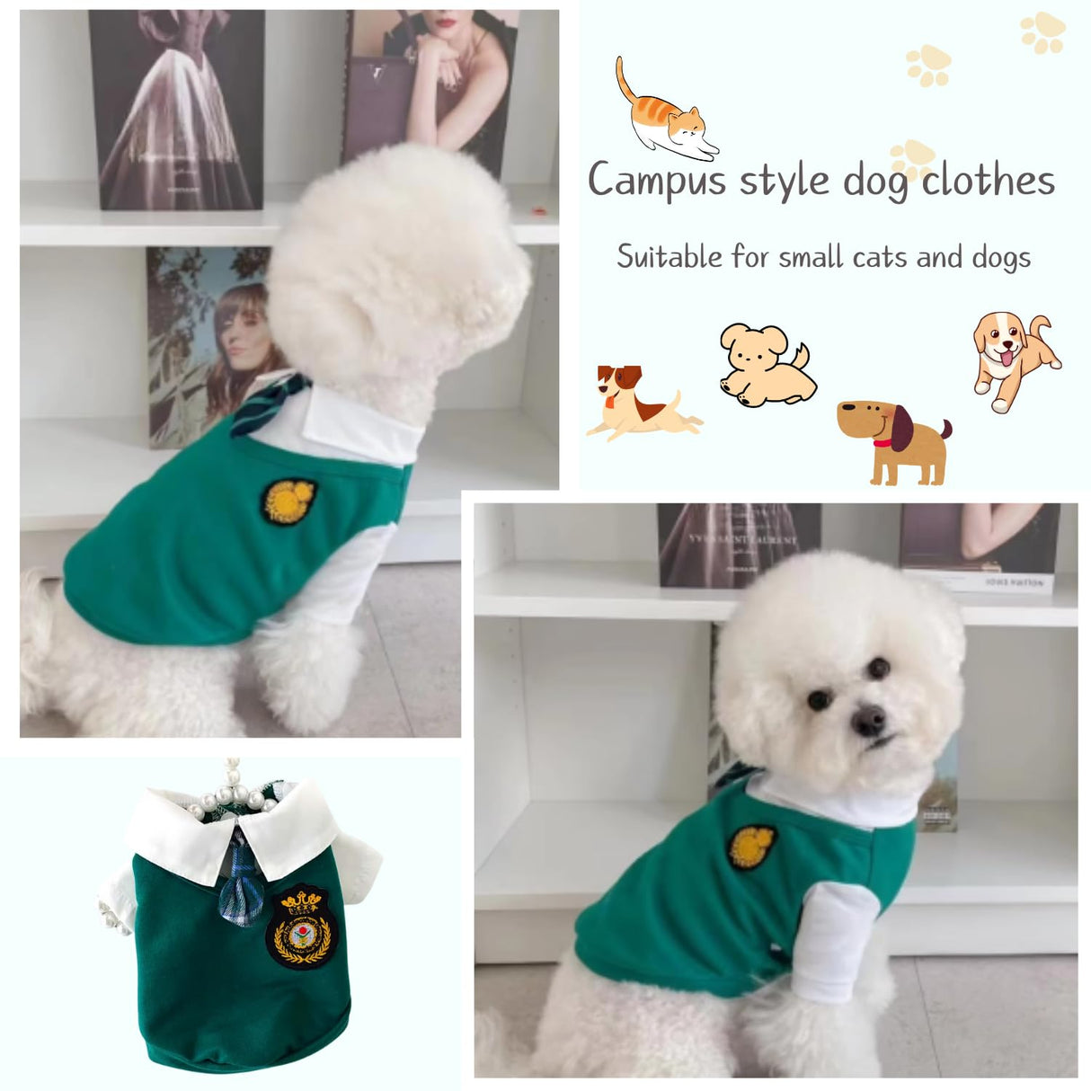PayaSnug Green Dog Shirt with Bow Tie – Preppy Style Pet T-Shirt with Collar for Small Dogs, Fall Puppy Clothes for Boys and Girls, British School Look Pet Outfit(L)