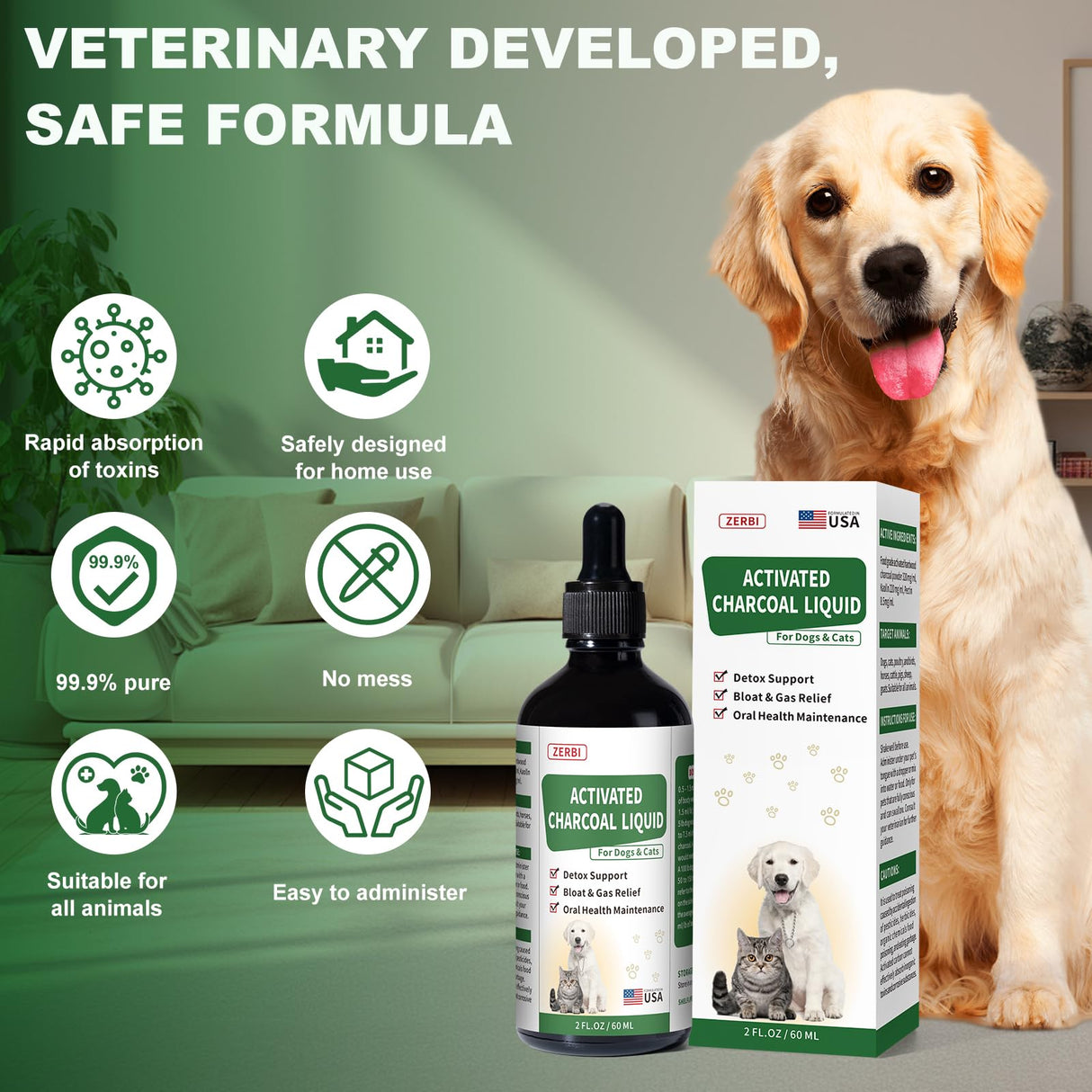 Liovsiso Activated Charcoal for Dogs(Liquid)–Dog First Aid Essential, Ready Rescue for Dogs – Detox, Diarrhea & Gas Relief, Non-GMO, 60ml