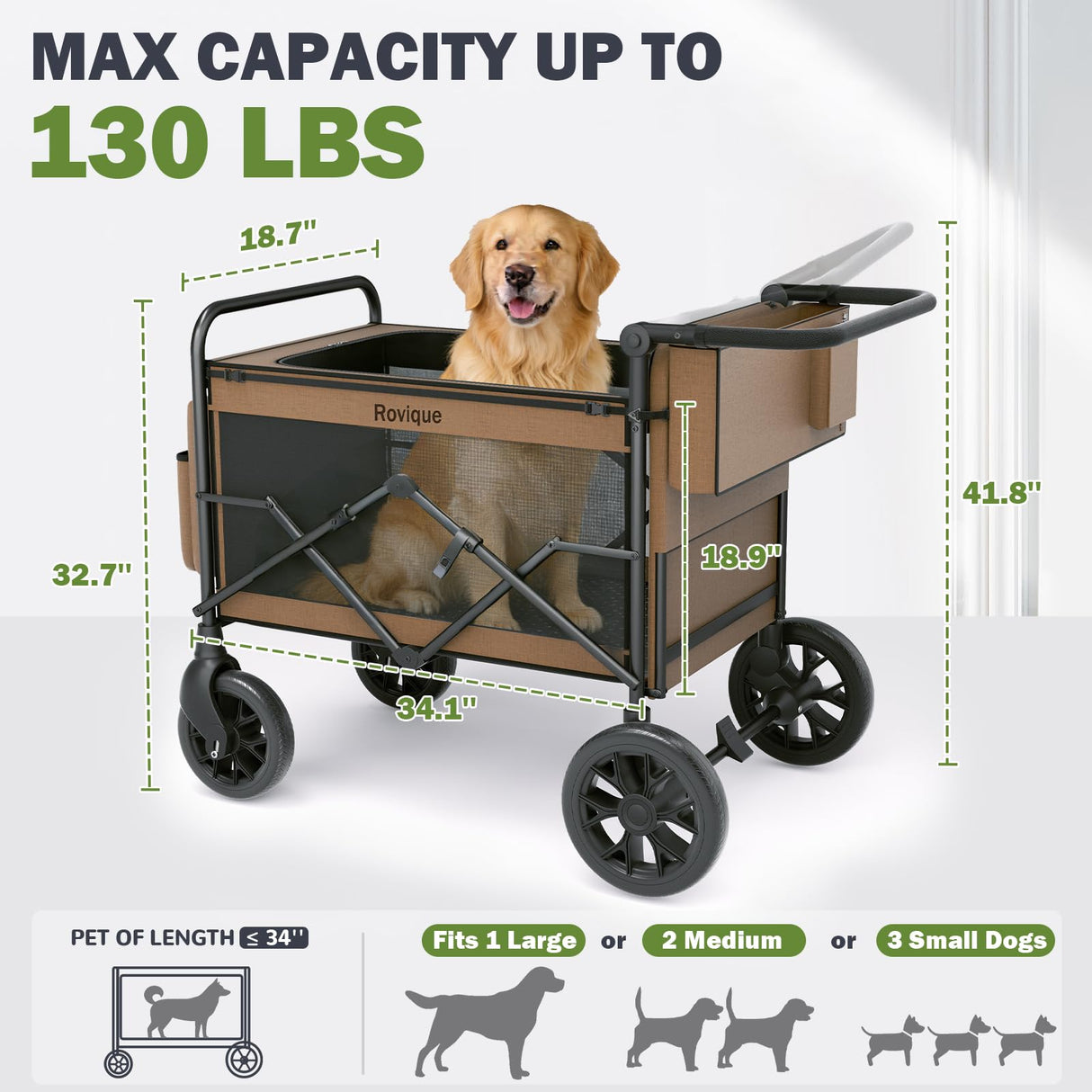 Rovique Dog Stroller for Large Dogs,Heavy Duty Dog Wagon with Easy Access Ramp,360° All-Terrain Rubber Wheels, Zippered Canopy,Adjustable Handle Pet Stroller(Brown)