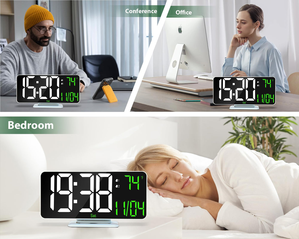 Neasroe Digital Alarm Clock, 6.7" Mirror Clocks Large Numbers LED Display for Bedrooms - Auto Dimmer, Time and Date, Room Temperature, Snooze, 12/24 Hour for Teens, Elderly, USB Powered(White)