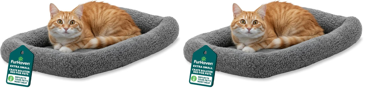 Furhaven Dog Bed for Extra Small Dogs & Indoor Cats, 100% Washable, Sized to Fit Crates - Sherpa Fleece Bolster Crate Pad - Gray, Extra Small (Pack of 2)