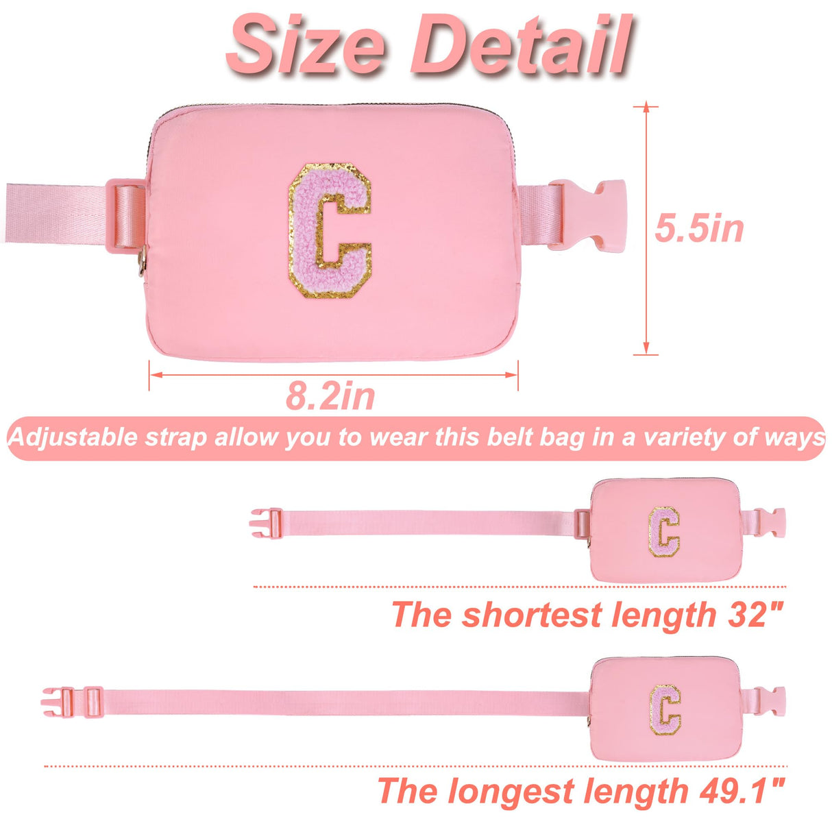 Uygafly Christmas Gifts for Girls Teen,Belt Bag for Women Girls Initial Crossbody Bag Waist Packs Teens Fanny Pack,Personalized Accessories for Preppy Cute Stuff Gifts for Teens Girls Kids | Peach,C