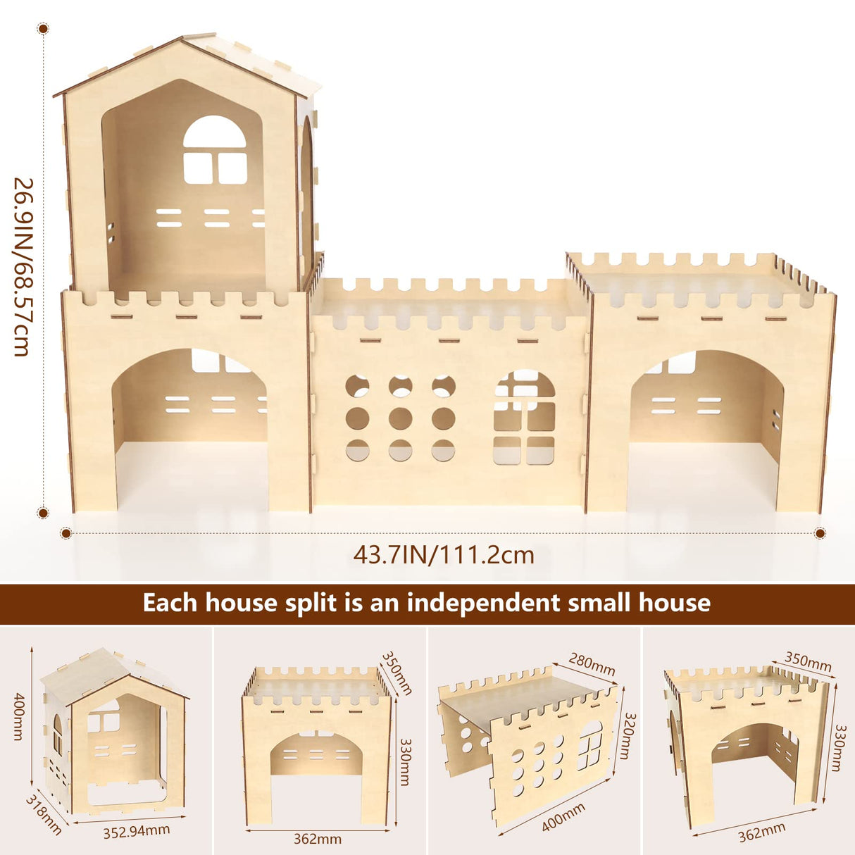 Woiworco Extra Large Rabbit Hideout, Wooden Rabbit Castle Bunny Spacious Breathable Hideouts for Indoor Bunnies, Hamsters and Guinea Pigs Hut to Hide