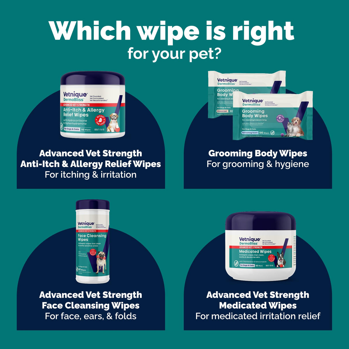 Vetnique Dermabliss Dog Face Wipes - Medicated Chlorhexidine Wipes for Dogs with Wrinkles, French Bulldog, English Bulldog Dog Grooming Wipes Cleaning & Deodorizing Dog Wipes