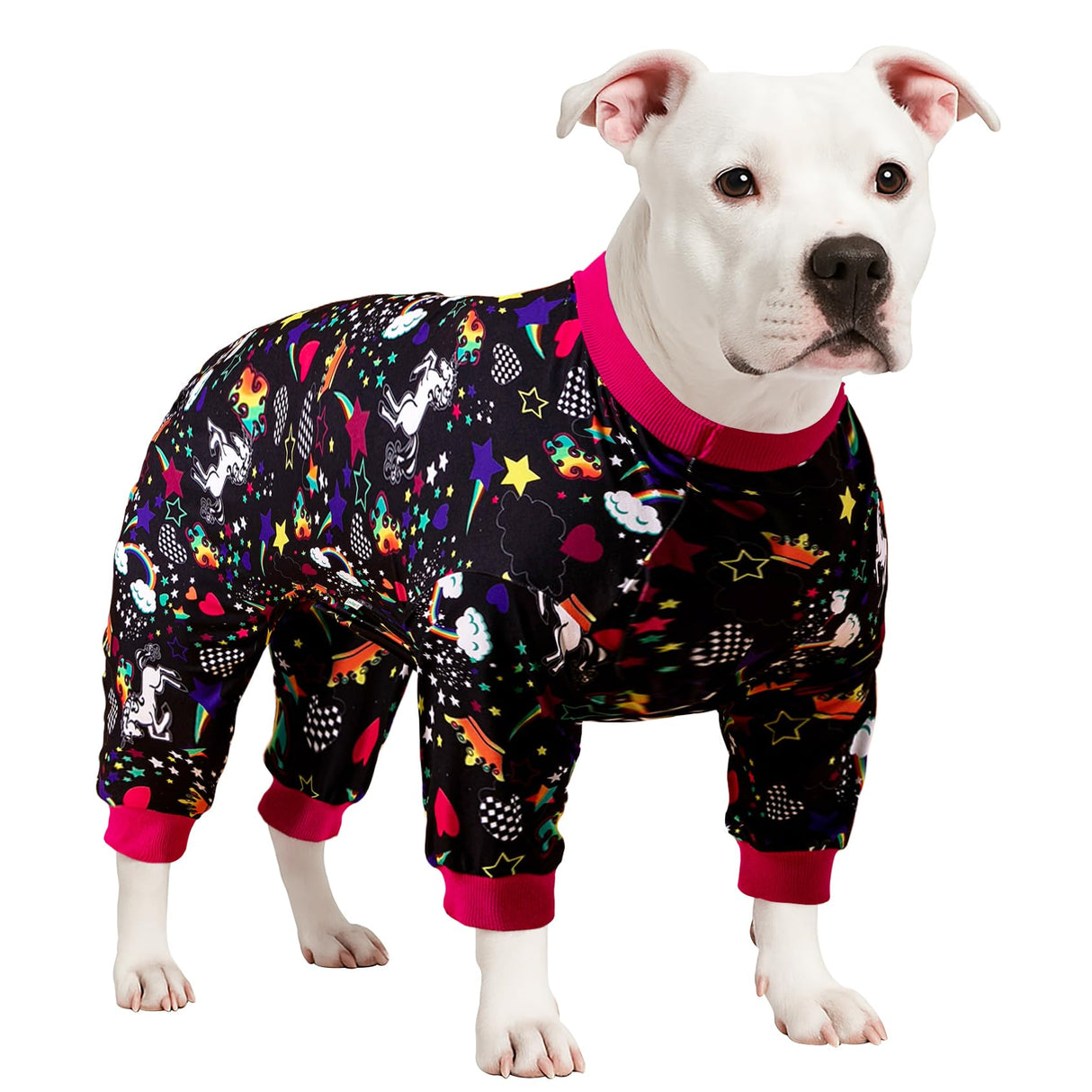 LovinPet Large Dog Pajamas Pitbull PJS: Wound Care/Post Surgery Dog Clothes, Onesies for Dogs, Unicorn Rainbows Black Print, Lightweight Stretchy Knit Pullover Pitbull Jammies, Pet PJ's/L