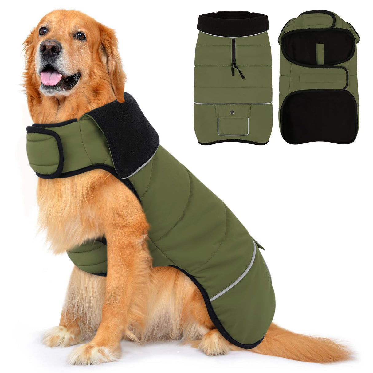 PUZAUKAL Dog Coat, Large Dog Jacket, Windproof Dogs Puffer Jacket, Fleece Lined Warm Dogs Winter Coat with Harness Hole (Army Green XL)