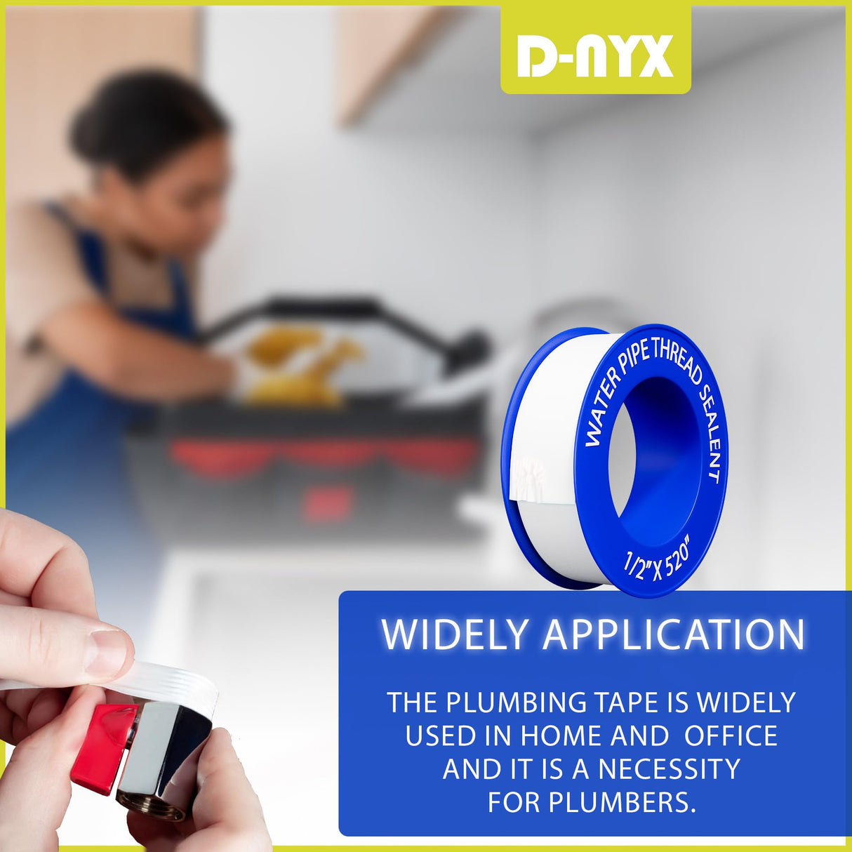 D-NYX 1, 4 or 5 Rolls 1/2 Inch(W) X 520 Inches(L) Teflon Plumbers Tape, Duct Sealant Tape for Shower Head, Plumbing Thread Tap, Water Pipe Sealing Plumbers PTFE Thread Seal (1 Pack)