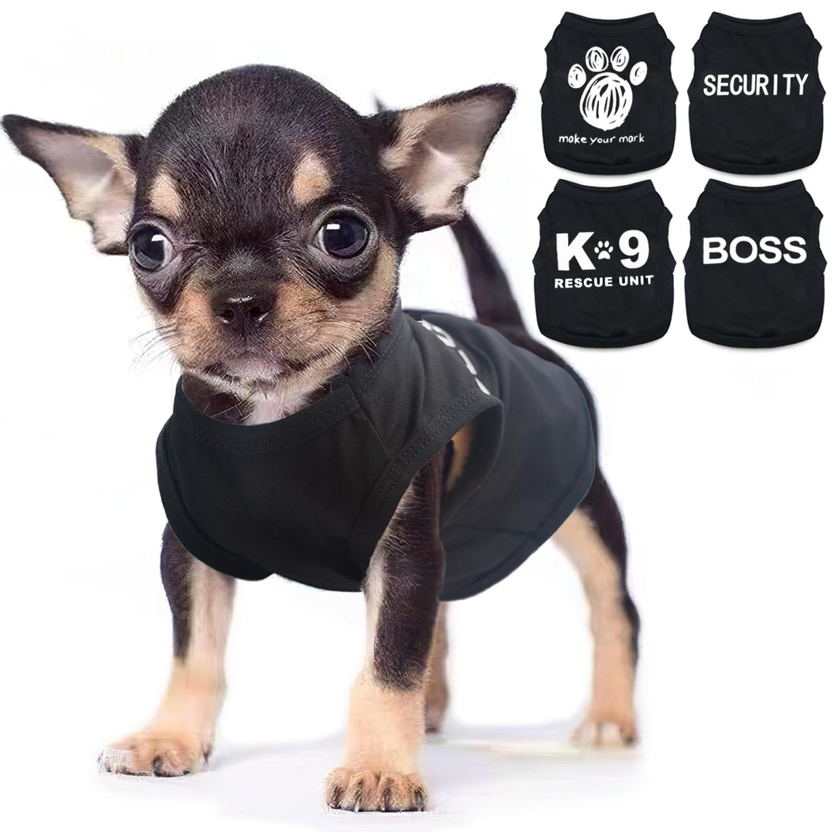 4-Pack Dog Clothes for Small Dogs Boy Male Summer Black Letter Security Puppy Shirts Cute Cool Breathable Clothes for Chihuahua Yorkie Shih Tzu Dachshund Pet Cat Outfit Clothing, Medium