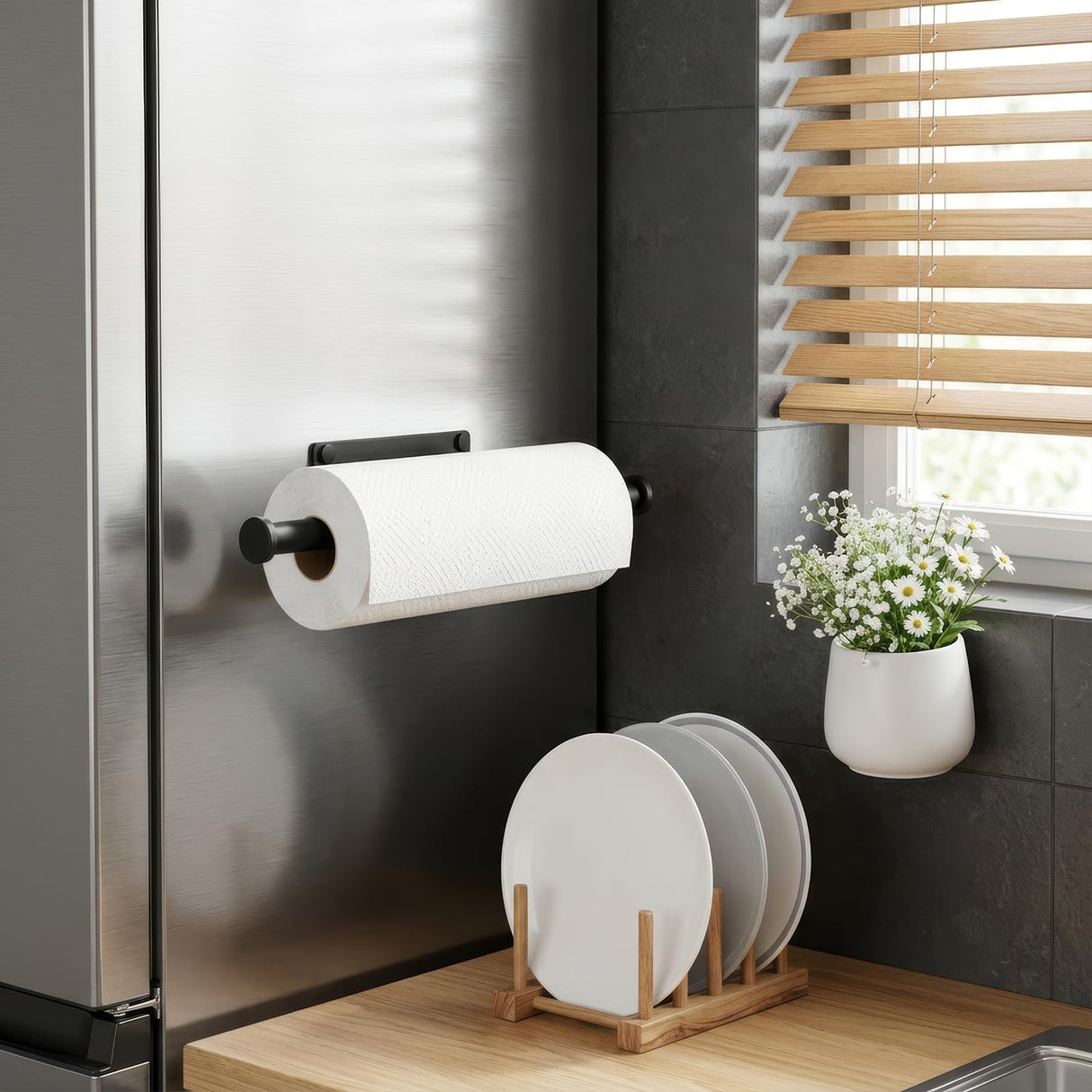 Paper Towel Holder Wall Mount - Self Adhesive No Drill or Drilling, SUS304 Stainless Steel - Kitchen, Bathroom, Sink, Pantry, Fridge(Black)