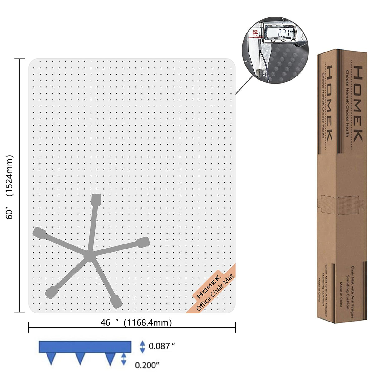 HOMEK Office Chair Mat for Carpet, 46" x 60" Studded Desk Chair Mat for Low Pile Carpeted Floors, Transparent Carpet Protector Mat for Office Chairs