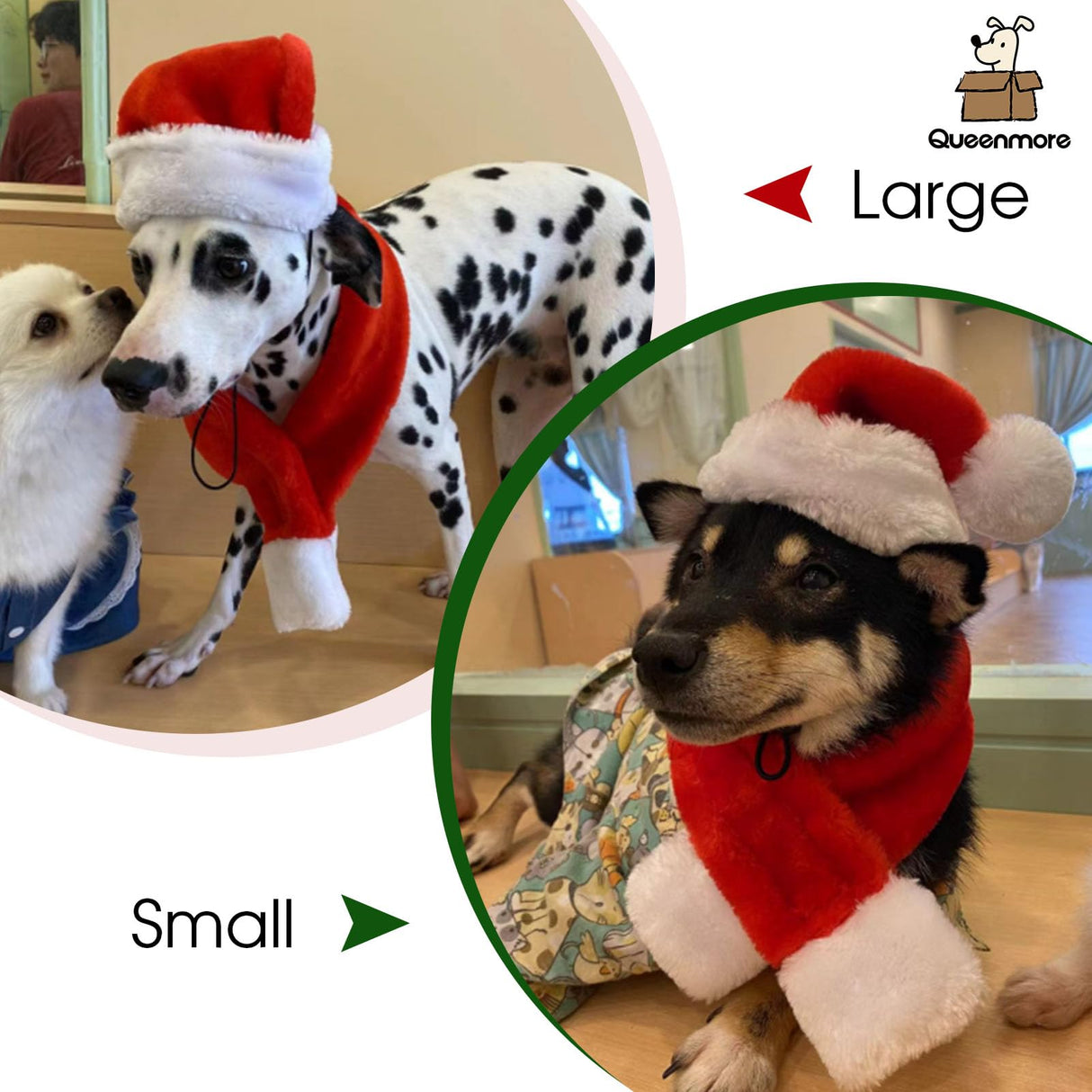 Queenmore Dog Christmas Hat, Dog Santa Hats for Large Dogs, Pet Soft Plush Santa Clause Hats for Cats, Funny Festive Xmas Costume Headwear for Small Medium Large Dogs with Adjustable Band, L Red