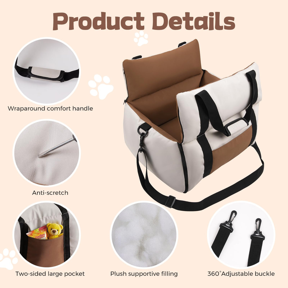 BEBAS Dog Car Seats for Small Dogs up to 25 lbs, Waterproof Dog Booster Carseat with Storage Pockets, Thickened Memory Foam & Clip-On Safety Leash, Pet Back Seat Puppy Travel Carrier, Beige