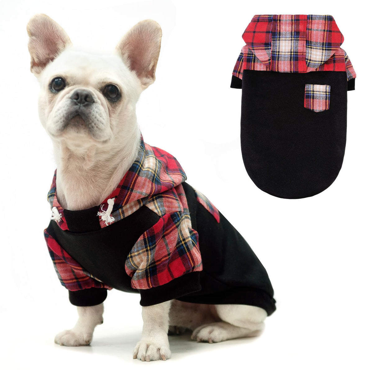 K9meme Plaid Hoodie for Small Medium Large Dogs, Warm Sweatshirt With Hat and Leash Hole, Clothes for Puppy Bulldog XS S M L Sized Breeds, Soft Pullover Fleece Sweater