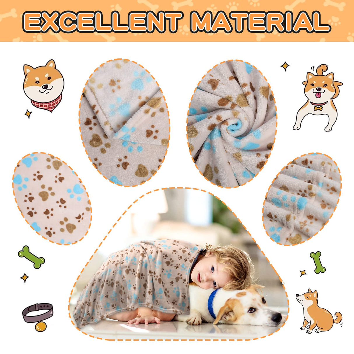 Rezutan Dog Blanket for Large Dogs, Upgraded 3 Pack Dog Cat Flannel Blankets Washable, Soft Pet Mat Throw Cover Suitable for Kennel Crate Bed, Cute Paw Pattern, Beige, 31" x 41"