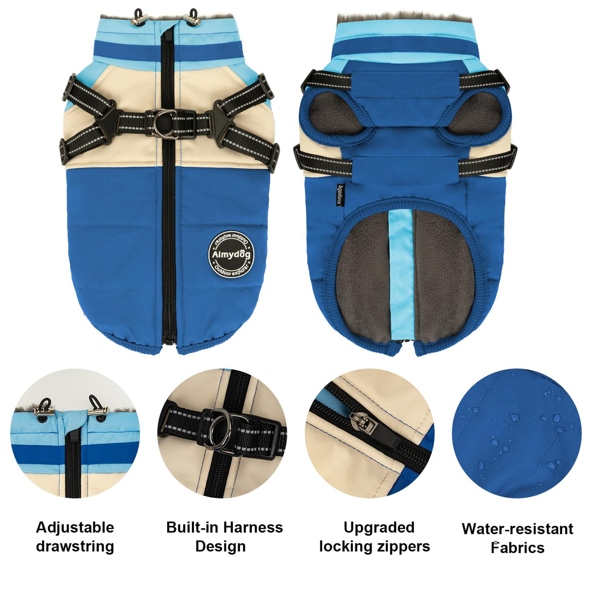 AIMYDOG Winter Coat, Waterproof Jacket, Warm Turtleneck Fleece Vest With Built-in Harness, Reflective Snow Jacket Snowsuit for Small Medium Large Dogs, Blue M