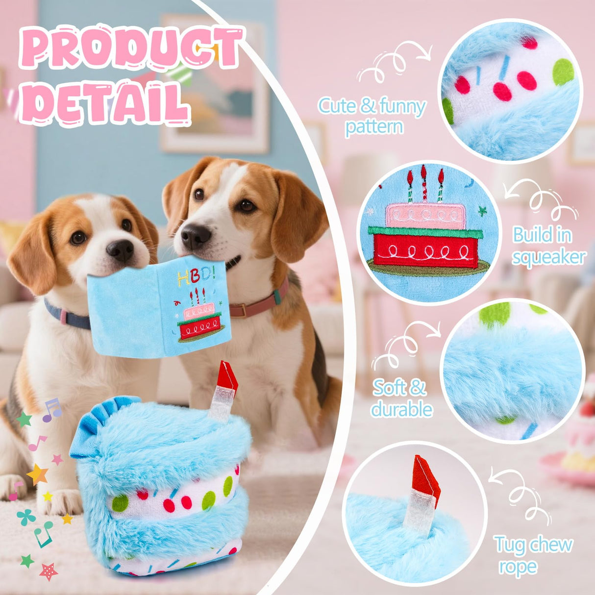 ADABOO 3PCS Dog Birthday Toy Set Plush Dog Squeaky Toys with Birthday Cake & Hat, Snuffle Hide & Seek Greeting Card for Celebration (Blue)