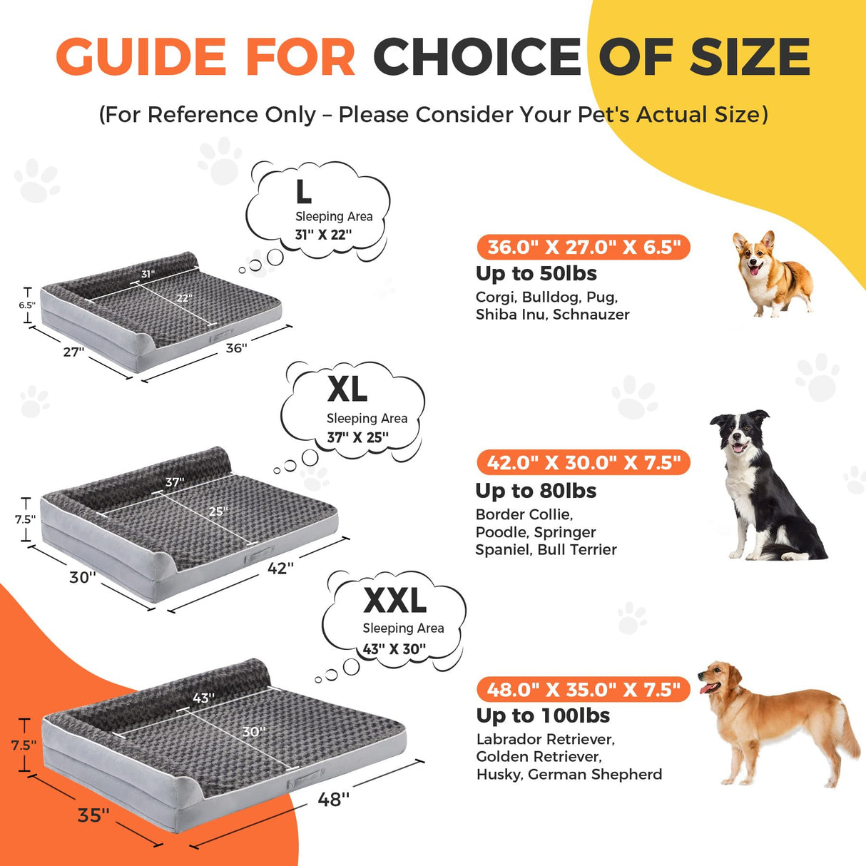 Aeroluxe Dog Bed Large Sized Dogs, XXL Orthopedic Dog Bed for Large Dogs, Waterproof Pet Bed with Washable Removable Cover, L-Shaped Pet Couch with Portable Handle 48"x35"x7.5", Grey