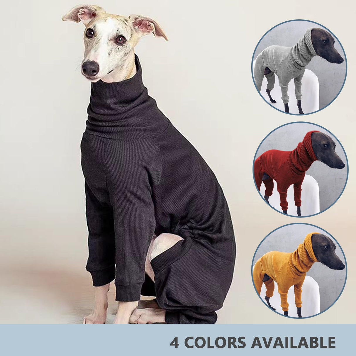 HQREA Italian Greyhound Pajamas Solid Four-Legged Rib Dog Onesie Lightweight Turtleneck Elastic Whippet Sweater Jumpsuit Pet Clothes for Small Medium Large Dogs(Black,L)