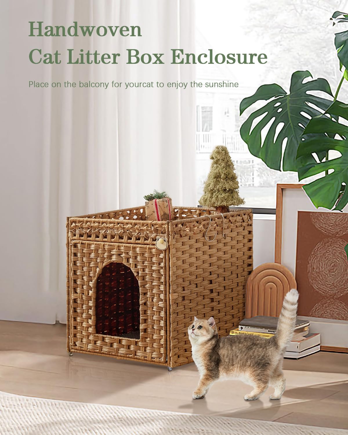 SETVSON Cat Litter Box Enclosure Furniture, Hidden Litter Box with Mat and Fence, Handwoven Rattan Cat House with Two S-Shaped Hooks for Living Room, Bedroom, 18.5 x 20.5 x 19.1 Inches (Natural)
