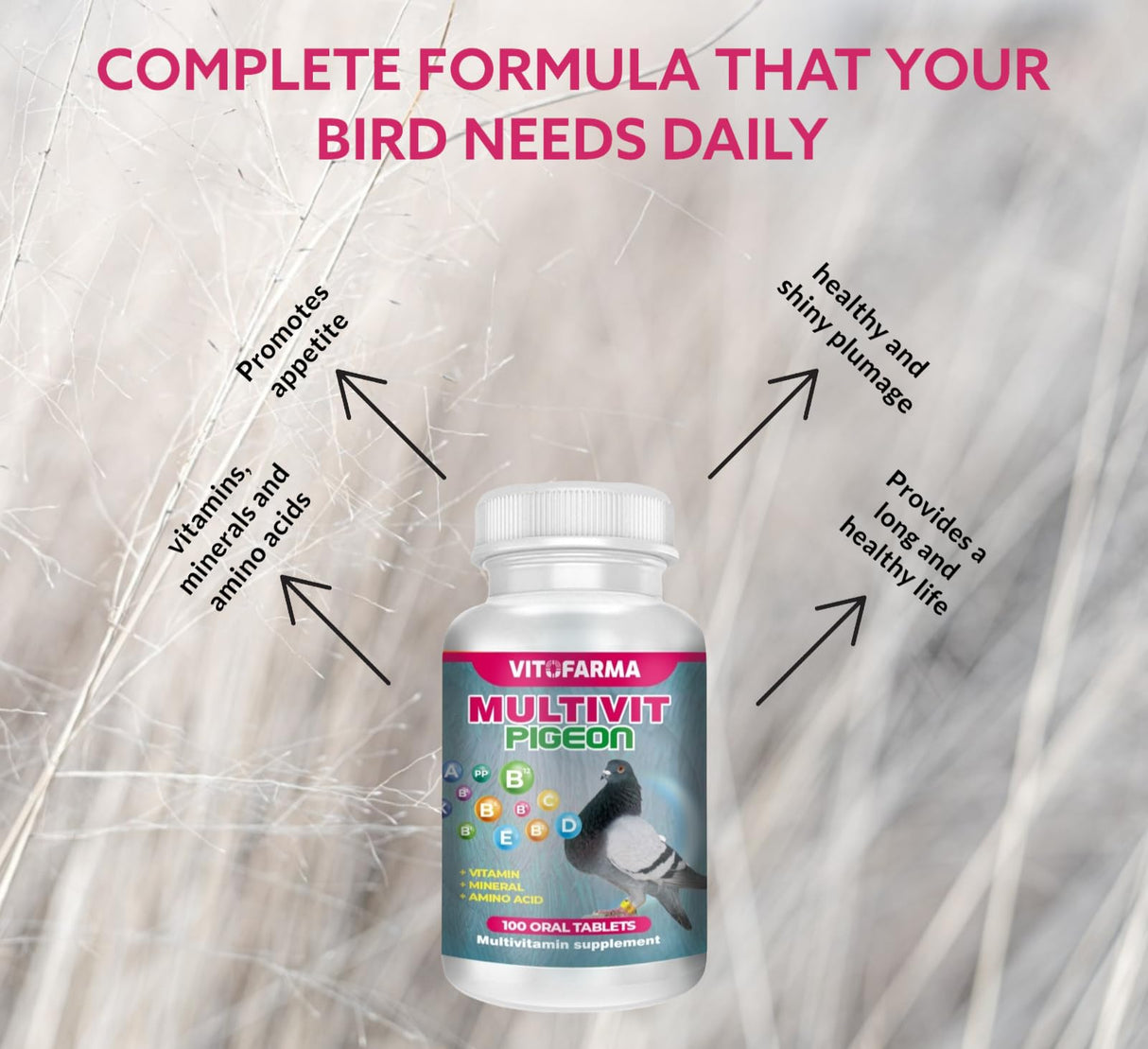 VITOFARMA MULTIVIT Pigeon para palomas 100 Tabs Vitamins Minerals Aminoacids for Racing Pigeons Show Pigeons Rollers Supplement for Birds