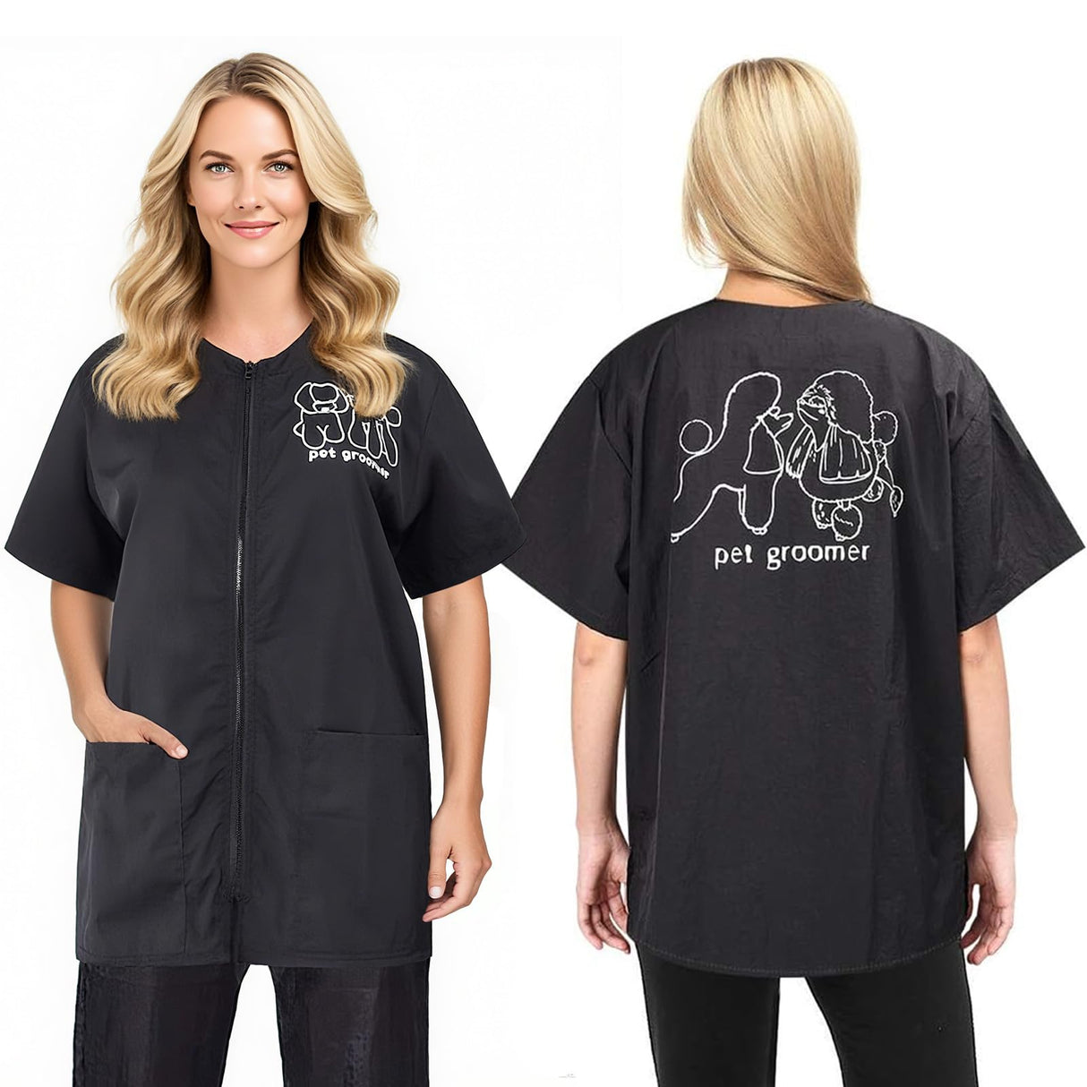 Noverlife Short Sleeves Pet Grooming Work Clothes with Full Zipper, XL Size, Splash Proof Anti-Static Pets Beautician Smock, Dog Cat Groomer Cosmetologist Uniforms for Pet Shop Men Women