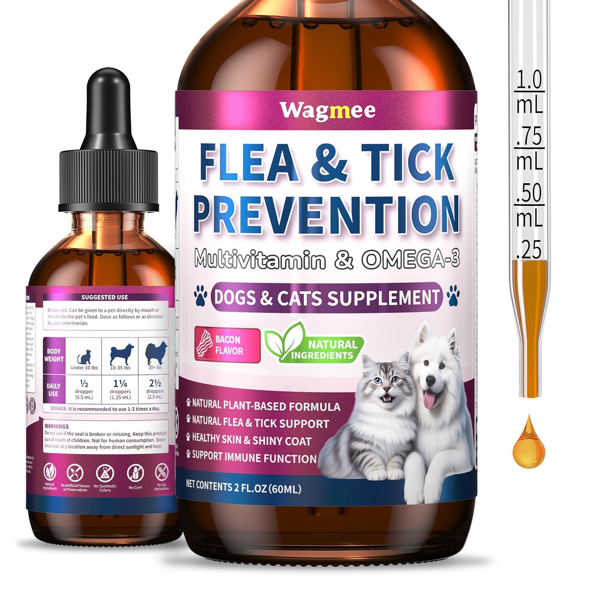 Flea & Tick Prevention for Dog and Cat, Natural Oral Flea & Tick Support Drops with Multivitamin Omega-3 for Pets - Supports Healthy Skin & Coat - Flea Herbal Drops All Breeds and Sizes - Bacon